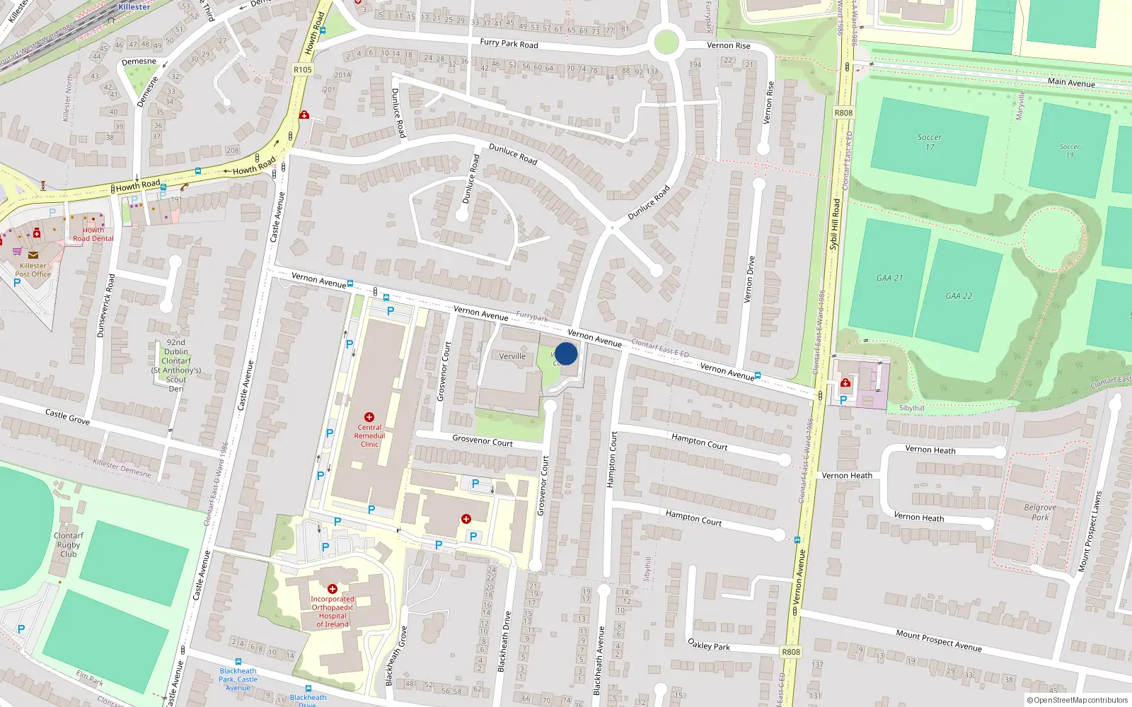 Overhead map showing the location of 9 Verville Court, Vernon Avenue, Clontarf Dublin 3