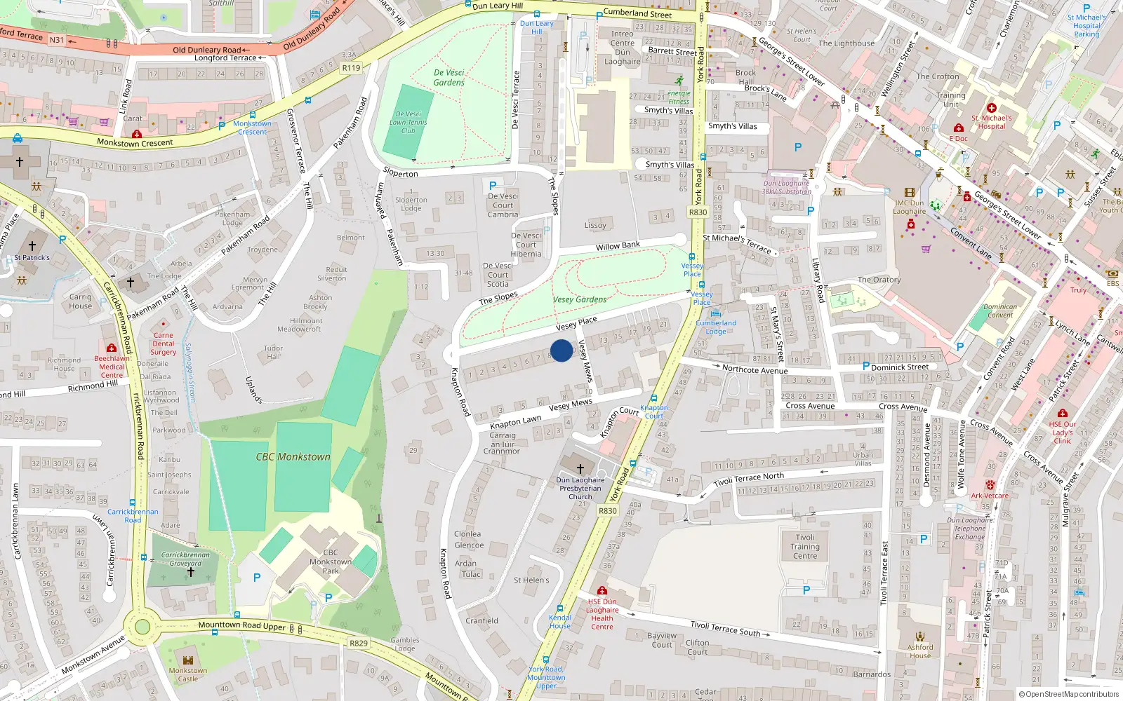 Overhead map showing the location of 9 Vesey Place, Dublin