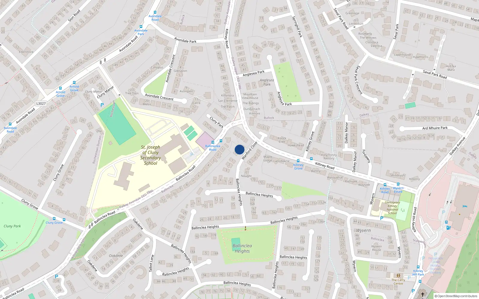 Overhead map showing the location of 9 Wanford Close, Killiney