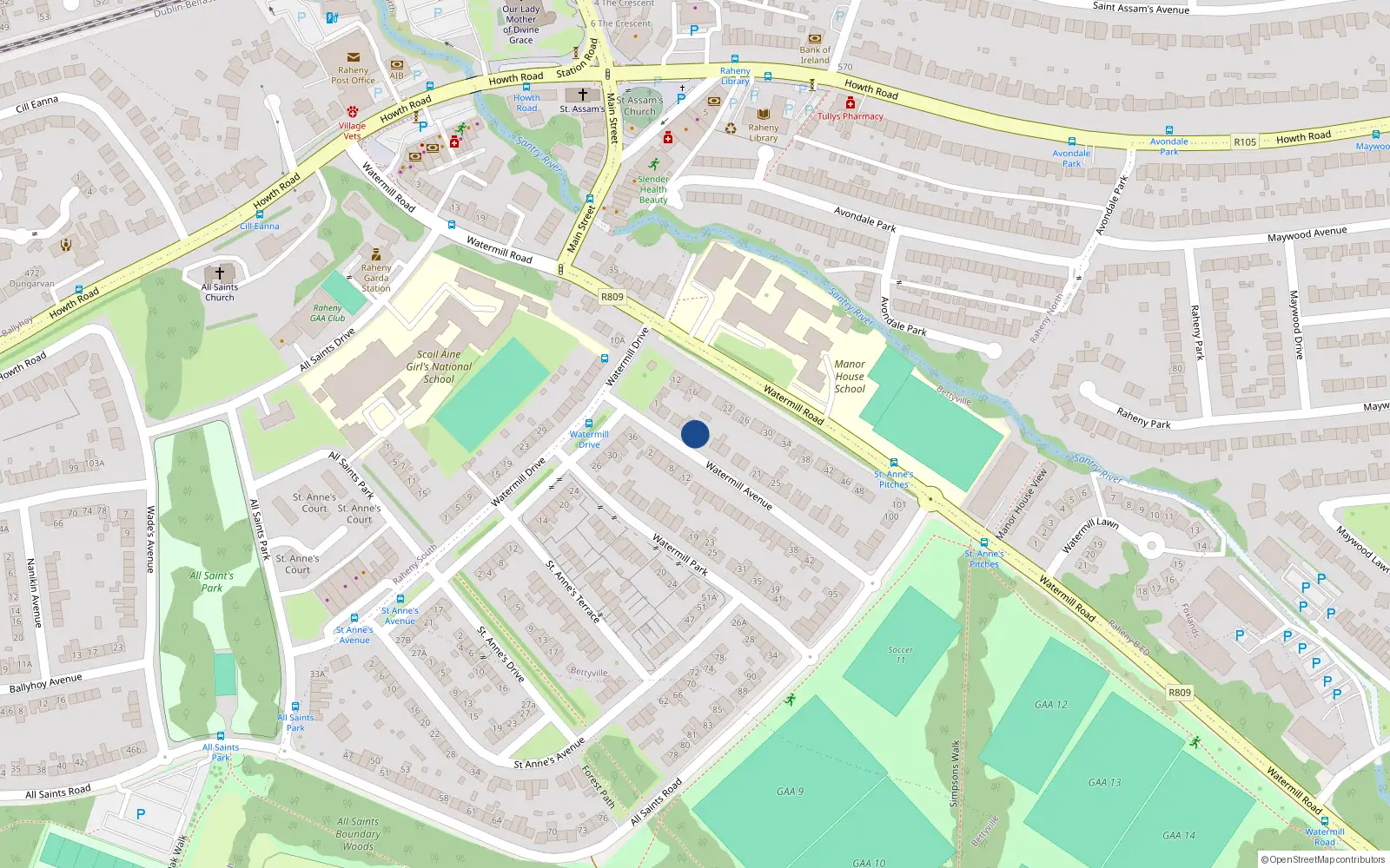 Overhead map showing the location of 9 Watermill Avenue, Raheny, Dublin 5