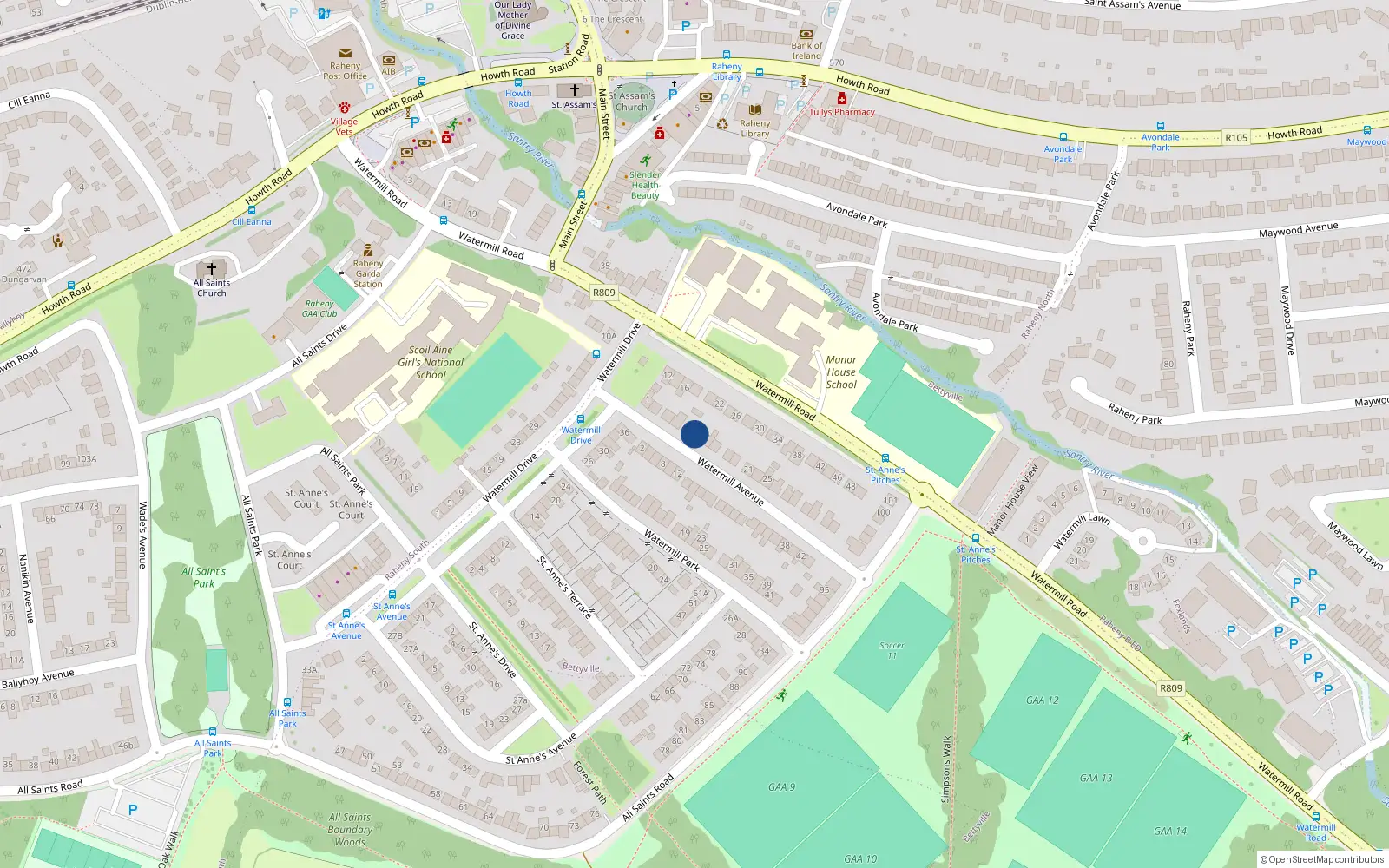 Overhead map showing the location of 9 Watermill Avenue, Dublin 5