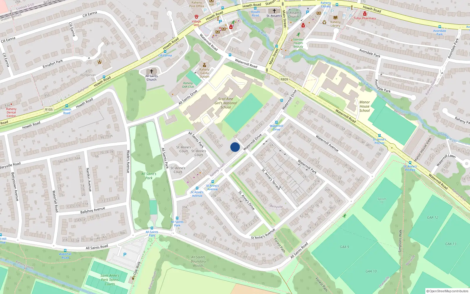 Overhead map showing the location of 9 Watermill Drive, Raheny, Dublin 5