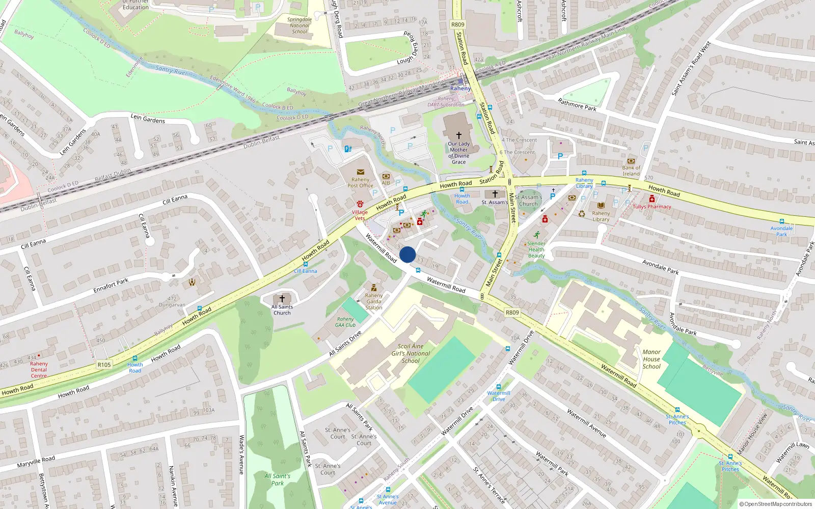 Overhead map showing the location of 9 Watermill Road, Raheny, Dublin 5