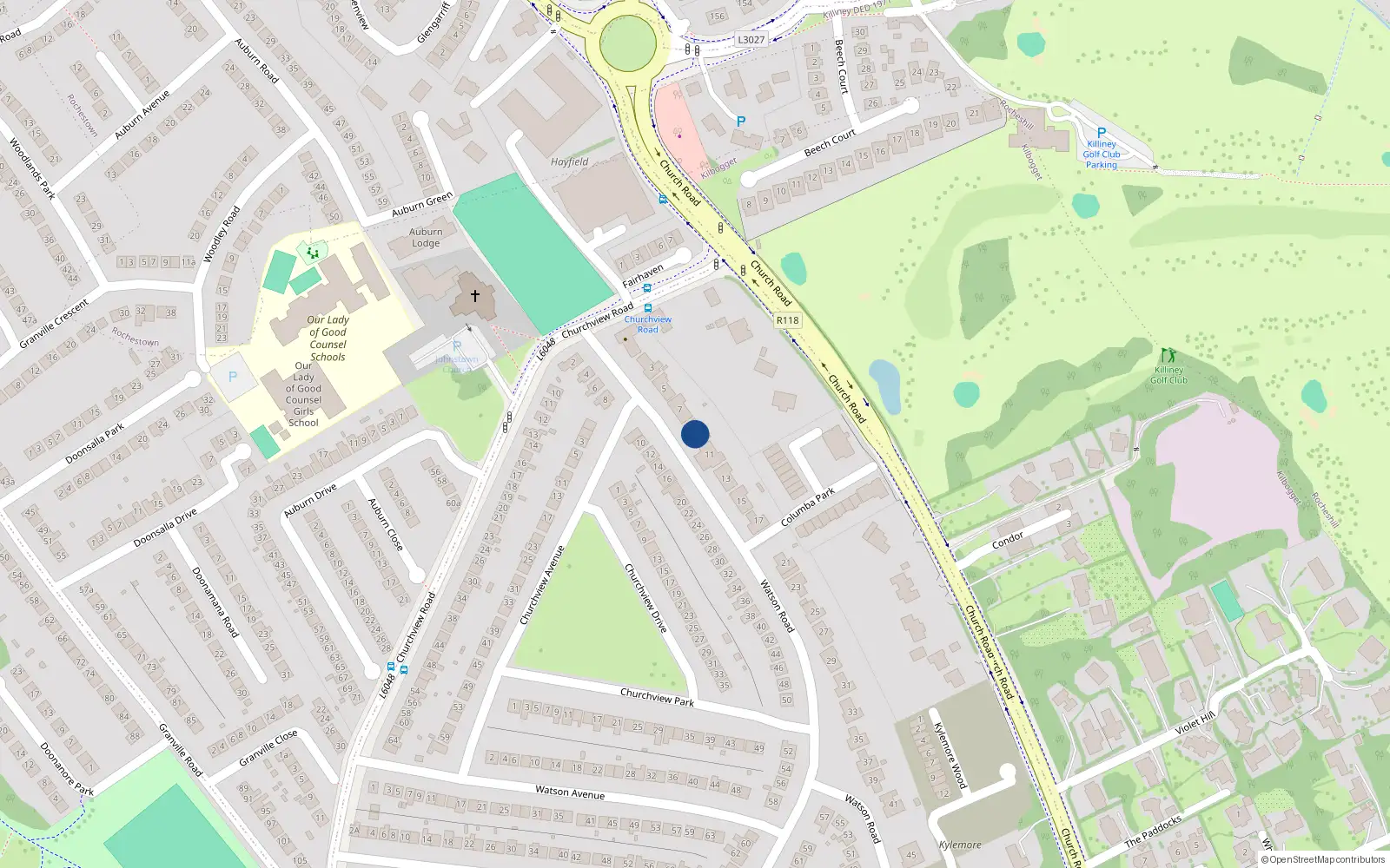 Overhead map showing the location of 9 Watson Road, Killiney, Dublin