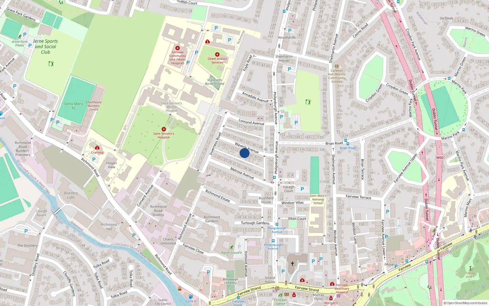 Overhead map showing the location of 9 Waverly Avenue, Fairview, Dublin 3