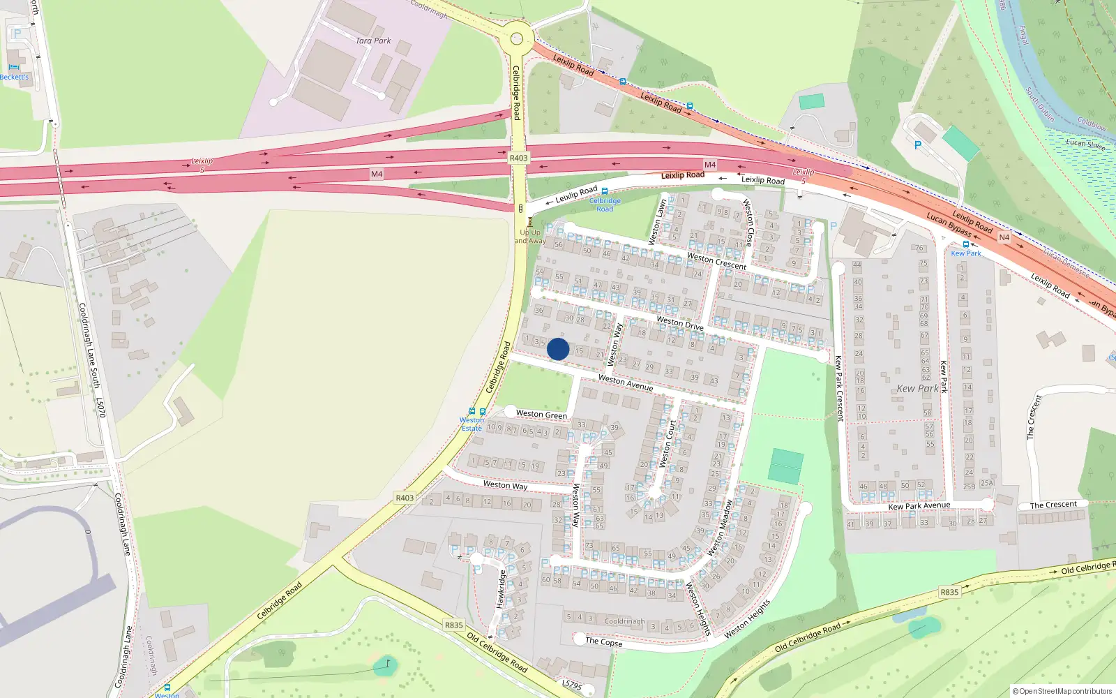 Overhead map showing the location of 9 Weston Avenue, Lucan
