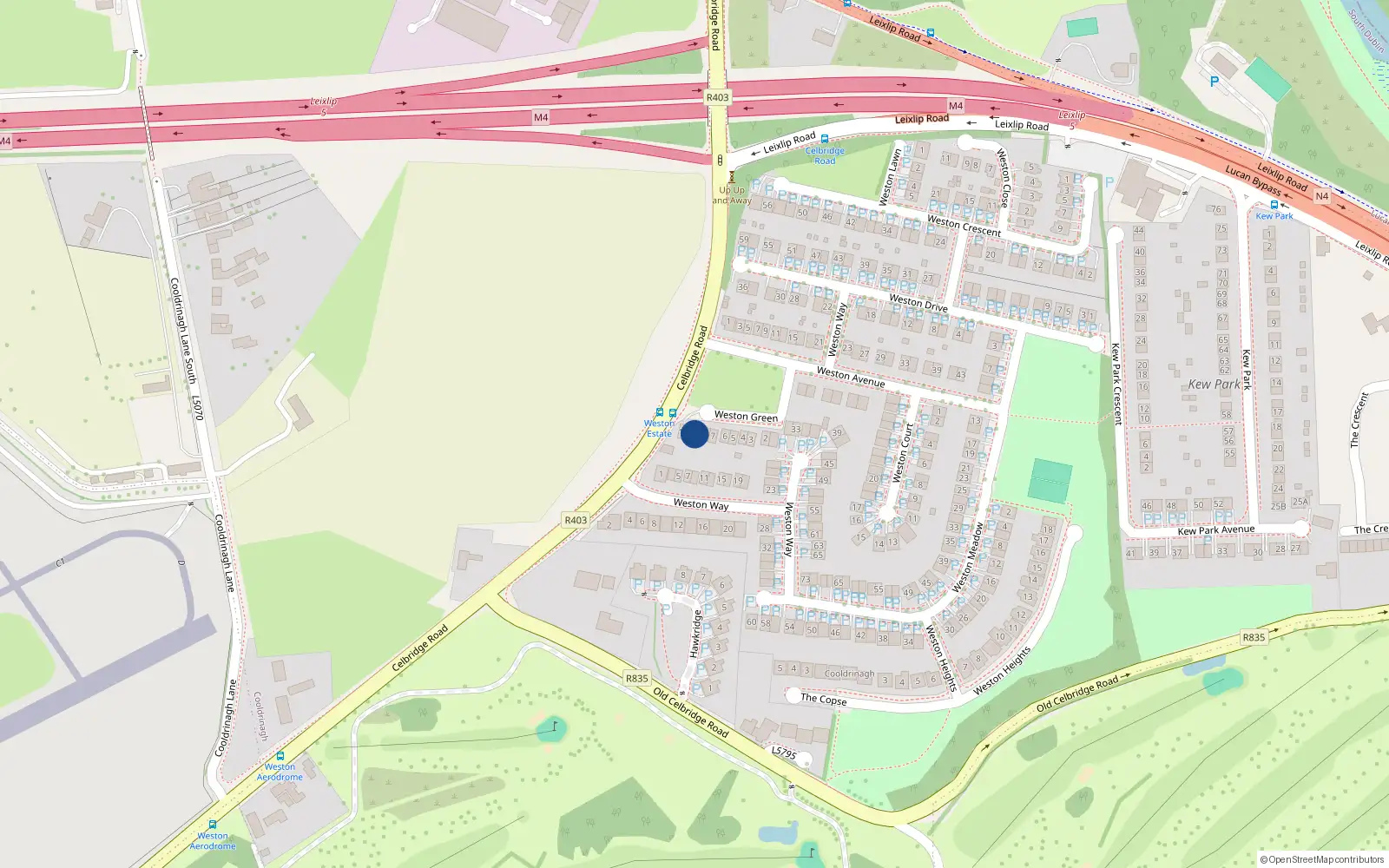 Overhead map showing the location of 9 Weston Green, Lucan