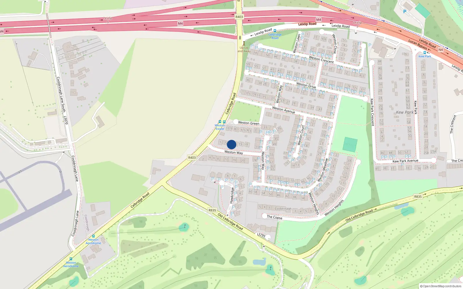 Overhead map showing the location of 9 Weston Way, Weston Park, Lucan