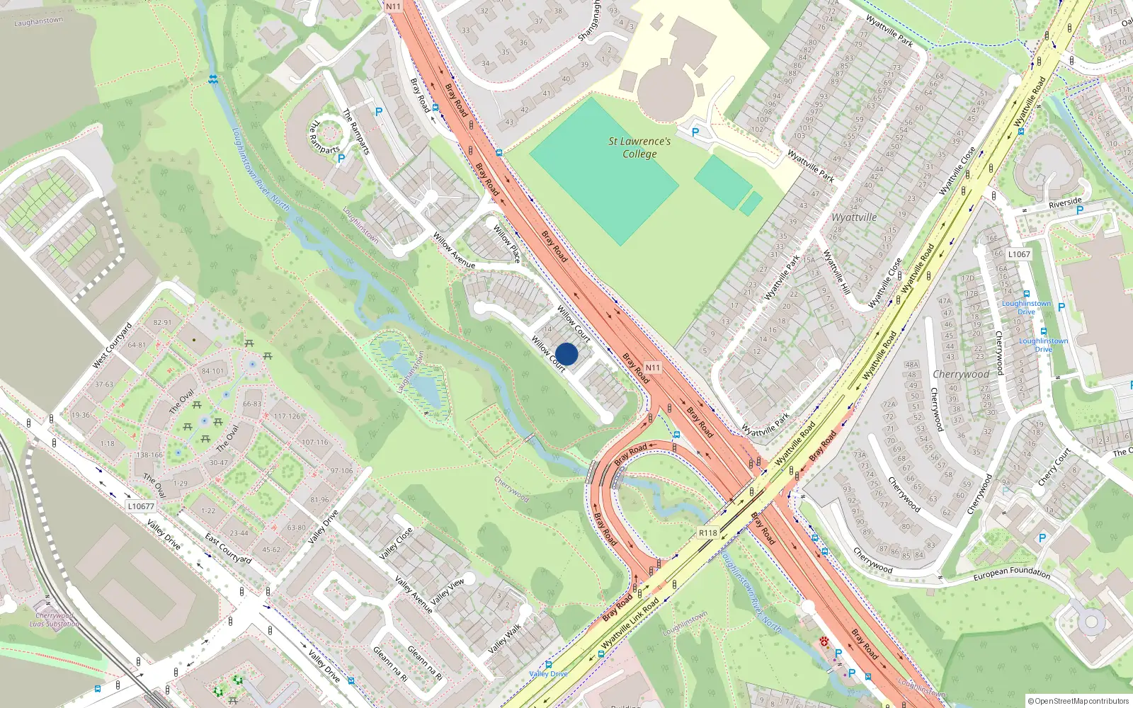 Overhead map showing the location of 9 Willow Court, Cabinteely