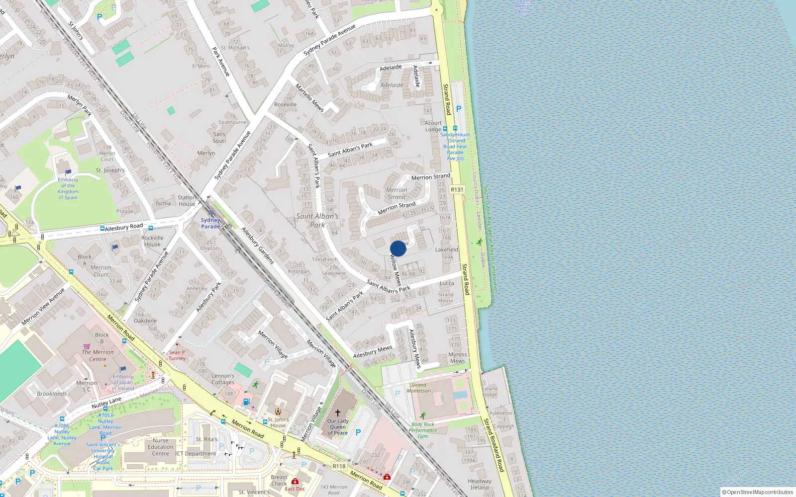 Overhead map showing the location of 9 Willow Mews, Sandymount