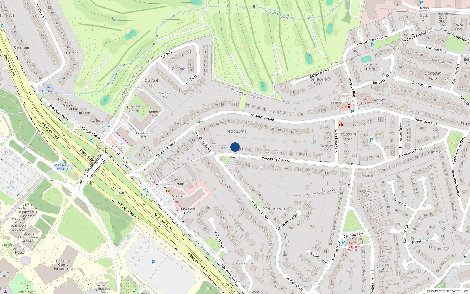 Overhead map showing the location of 9 Woodbine Avenue, Blackrock