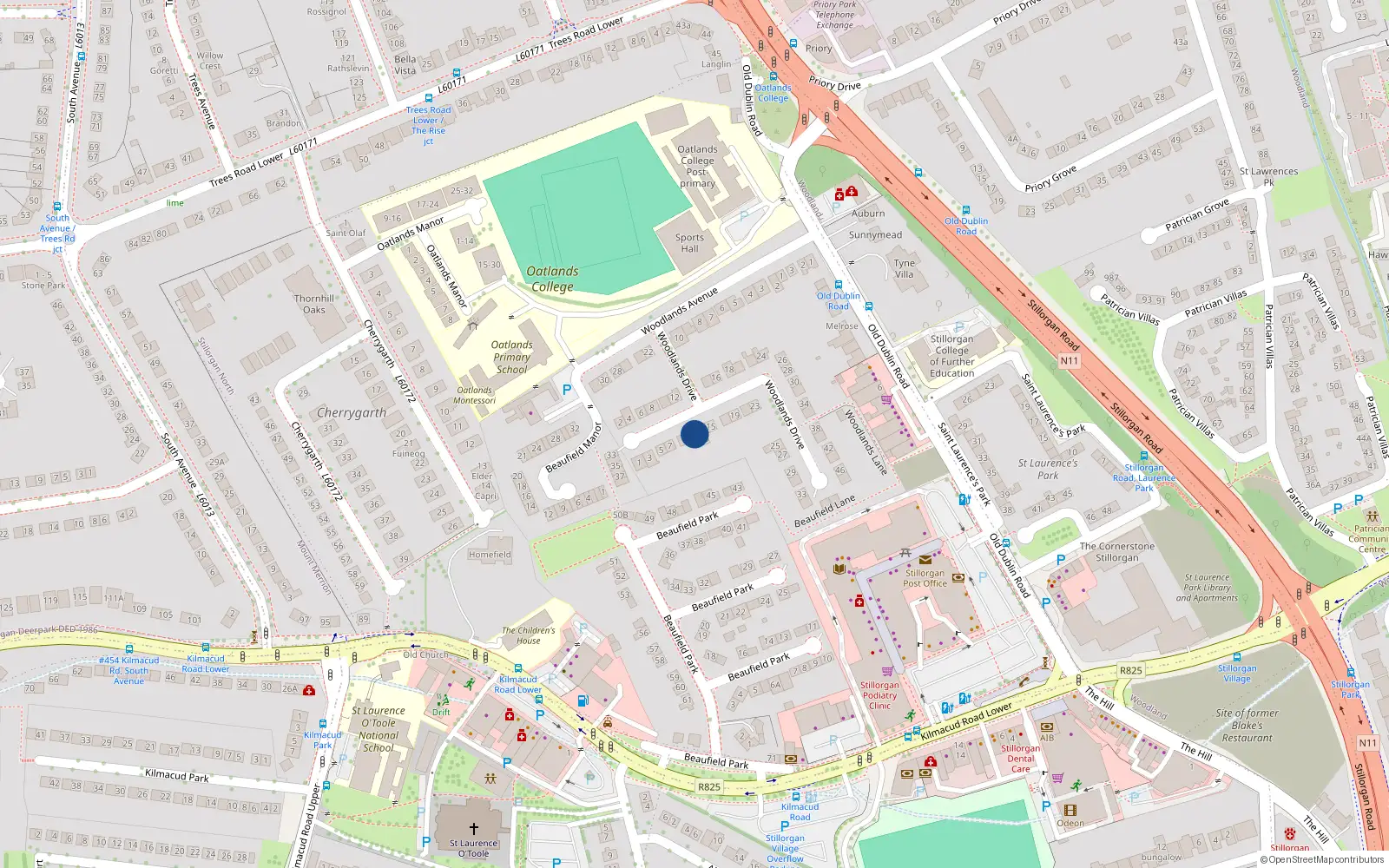 Overhead map showing the location of 9 Woodlands Drive, Co. Dublin