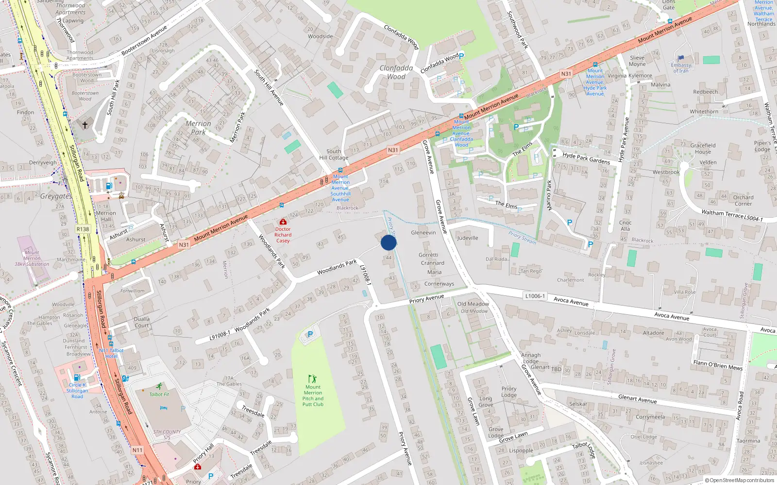 Overhead map showing the location of 9 Woodlands Drive, Blackrock