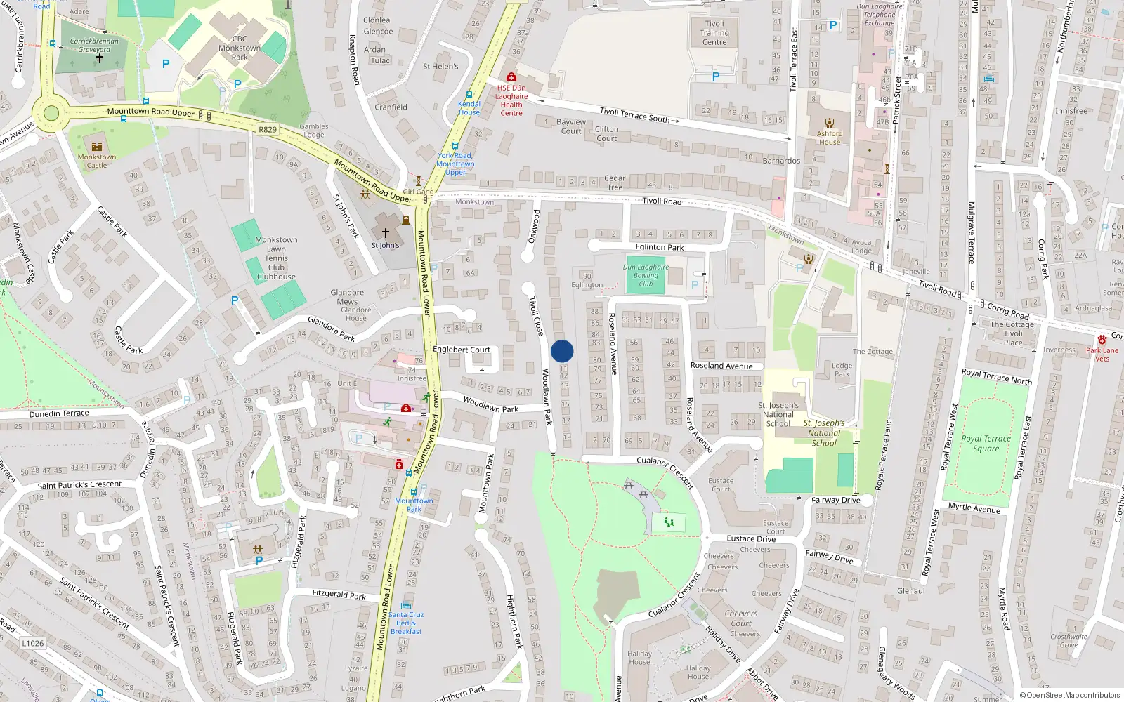 Overhead map showing the location of 9 Woodlawn Park, Dun Laoghaire