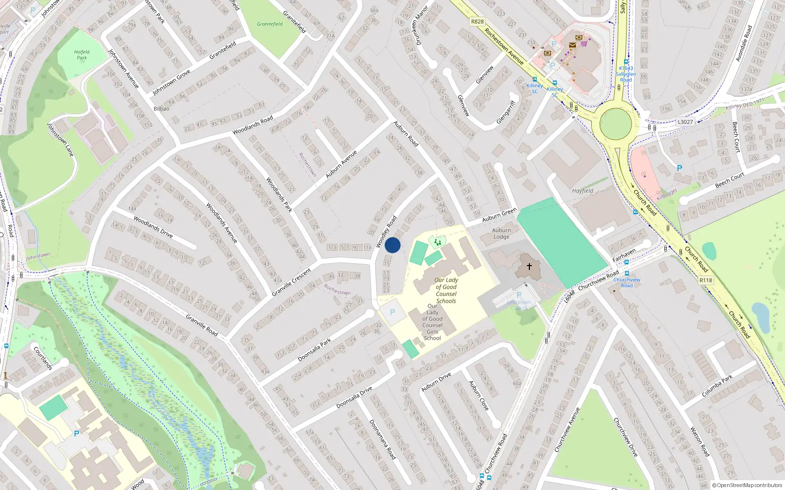Overhead map showing the location of 9 Woodley Road, Dublin