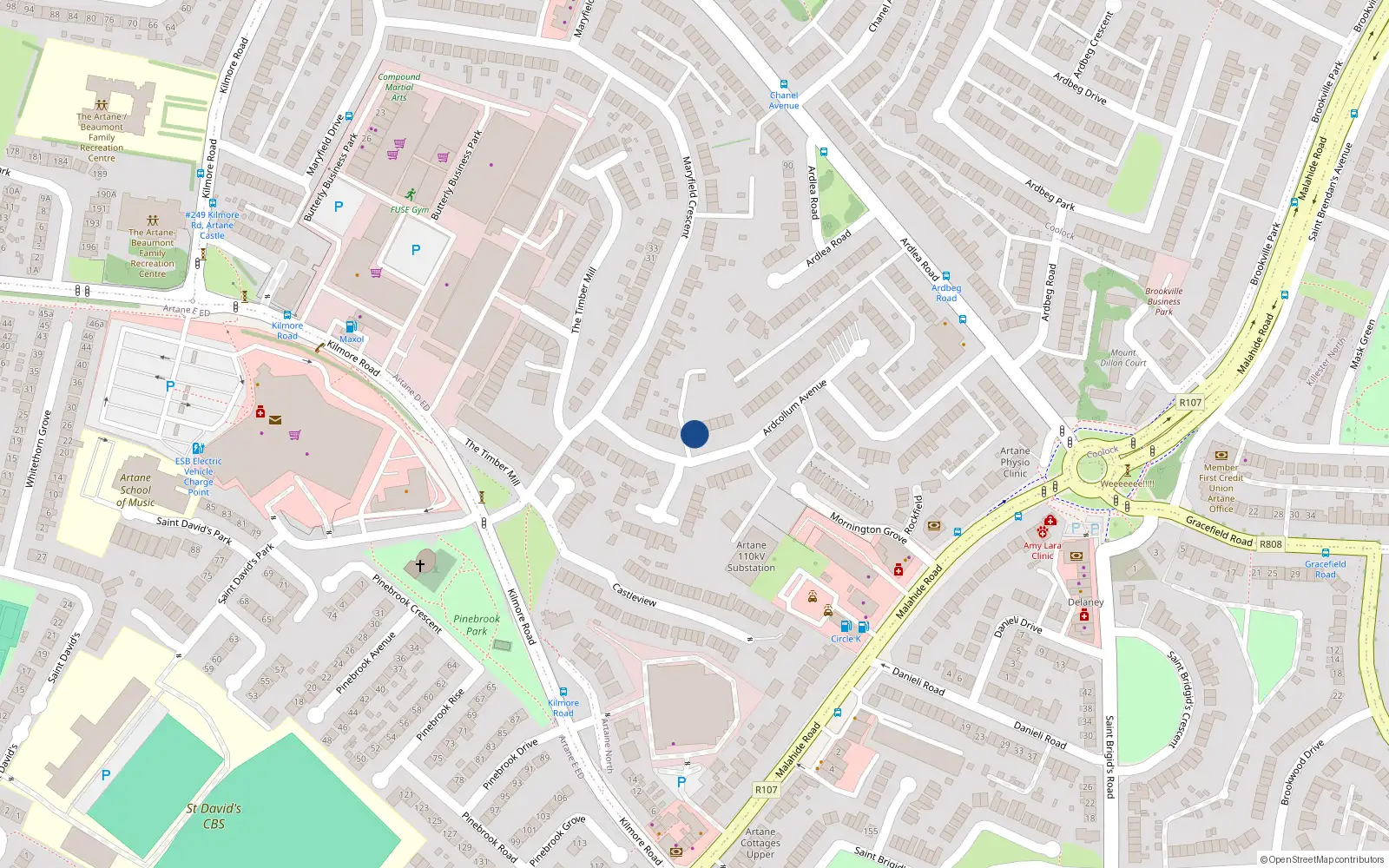 Overhead map showing the location of 90 Ardcollum Avenue, Artane, Dublin 5