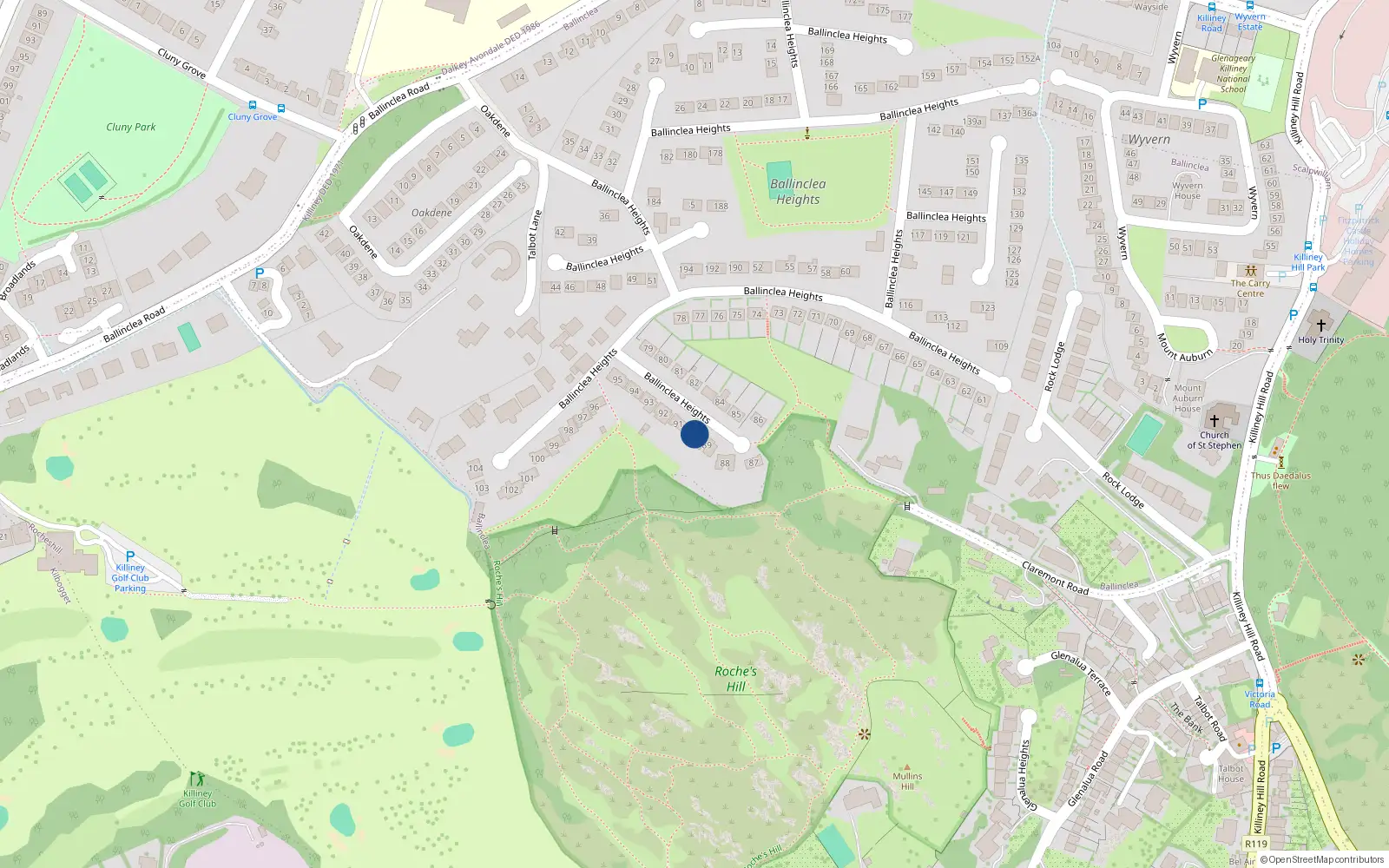 Overhead map showing the location of 90 Ballinclea Heights, Killiney