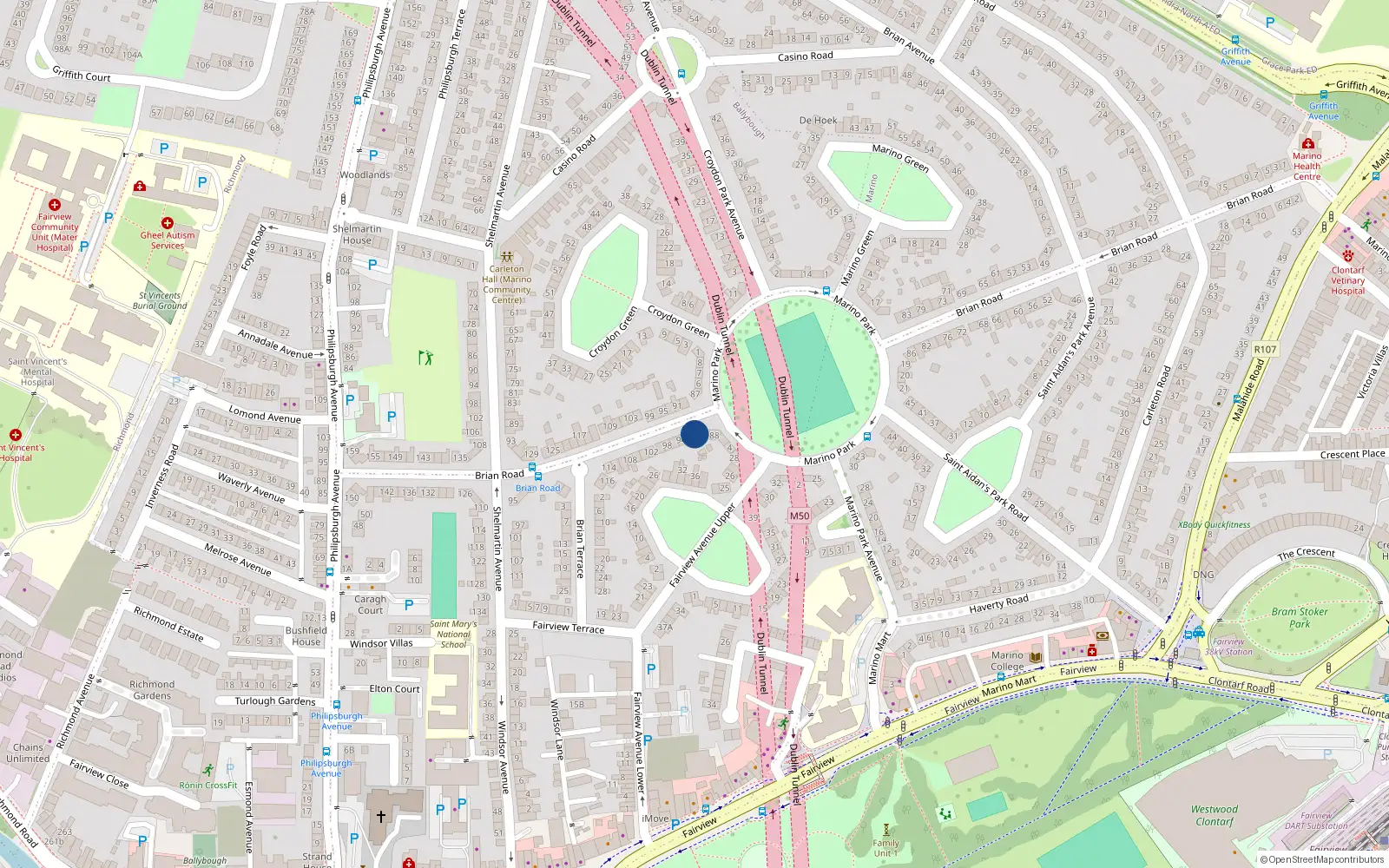 Overhead map showing the location of 90 Brian Road, Fairview, Dublin 3