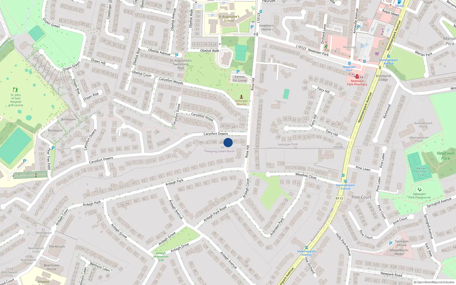 Overhead map showing the location of 90 Carysfort Downs, Blackrock