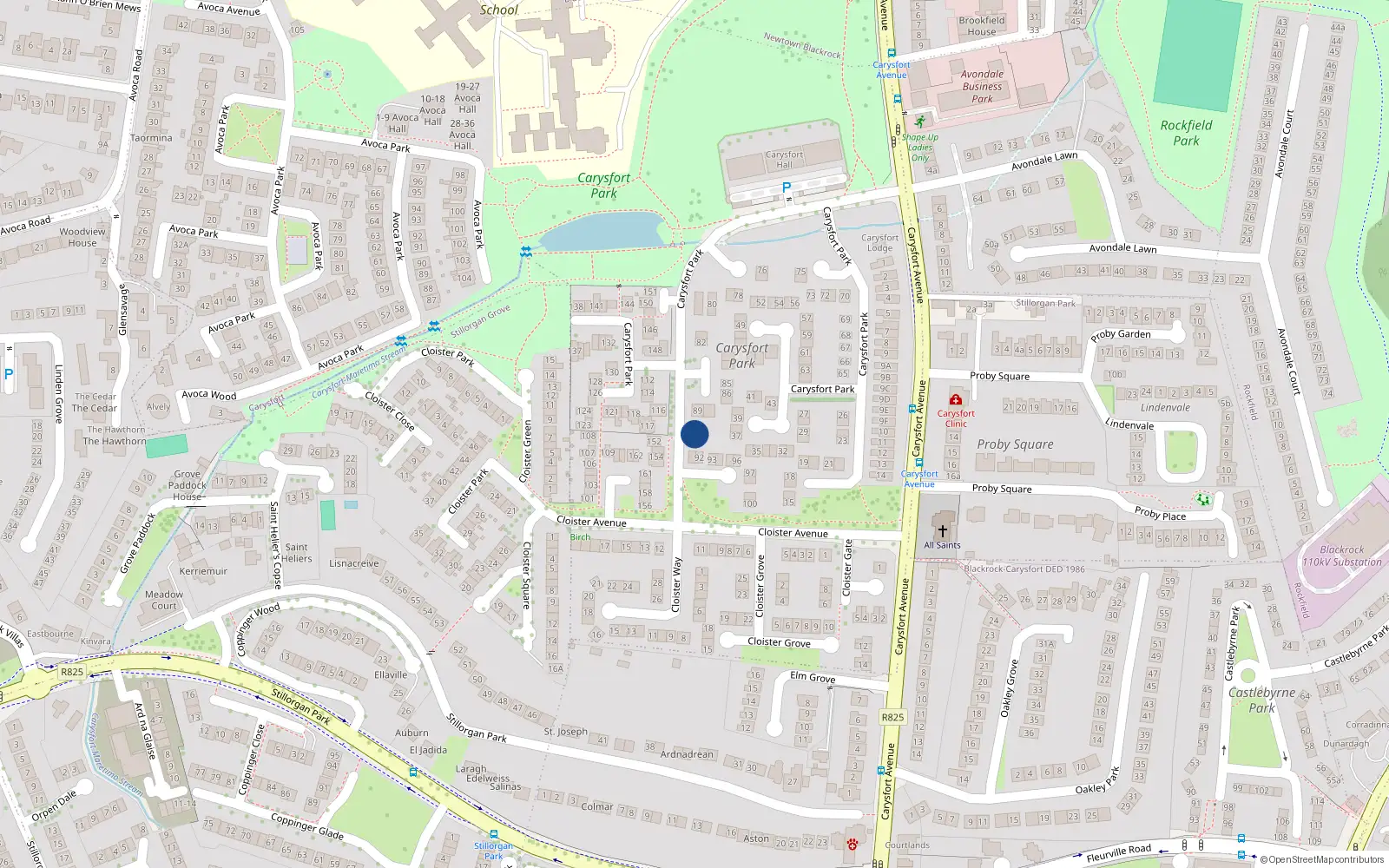 Overhead map showing the location of 90 Carysfort Park, Carysfort Avenue, Blackrock