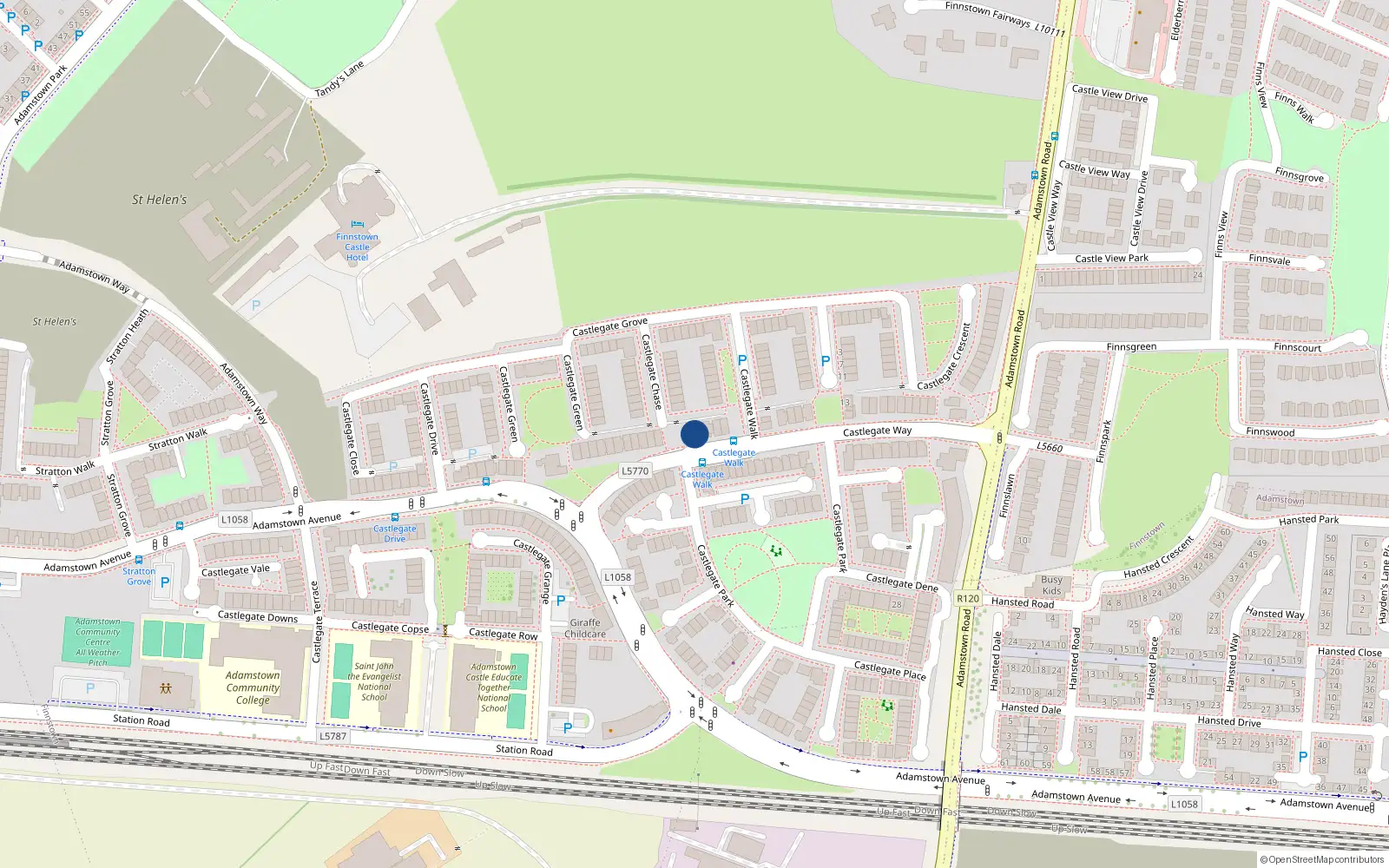 Overhead map showing the location of 90 Castlegate Way, Lucan
