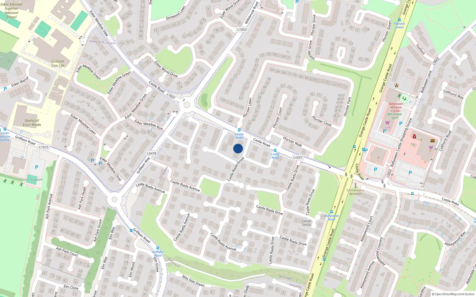 Overhead map showing the location of 90 Castle Riada Grove, Lucan