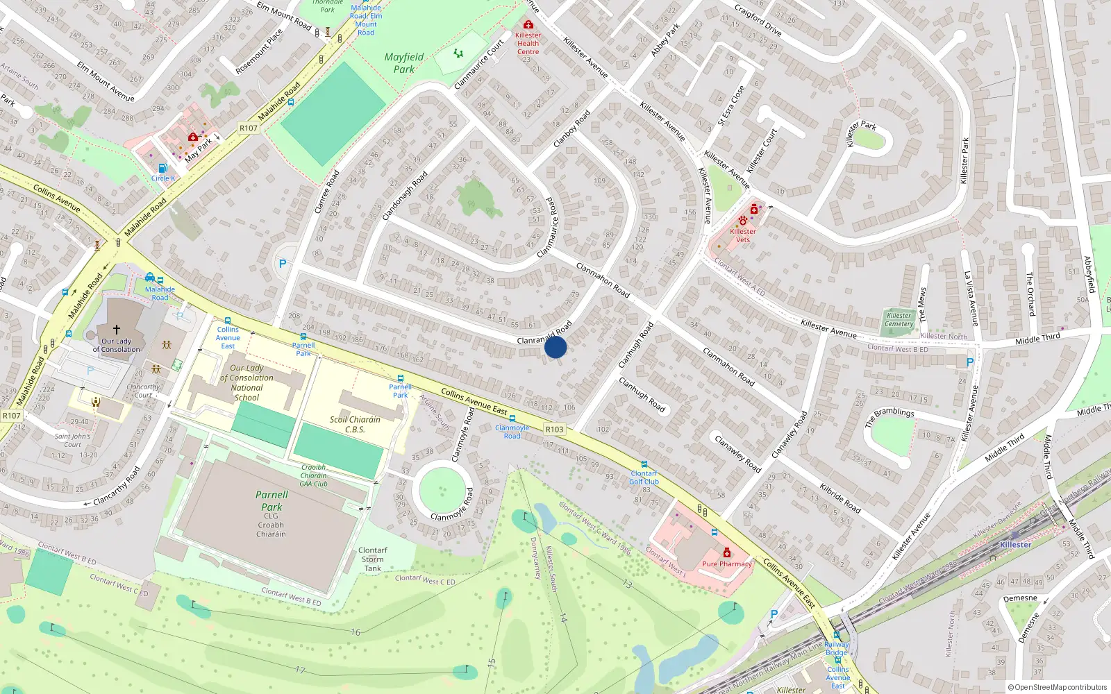 Overhead map showing the location of 90 Clanranald Road, Donnycarney, Dublin 5