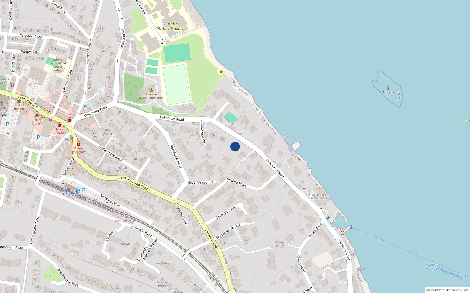 Overhead map showing the location of 90 Coliemore Road, Dalkey