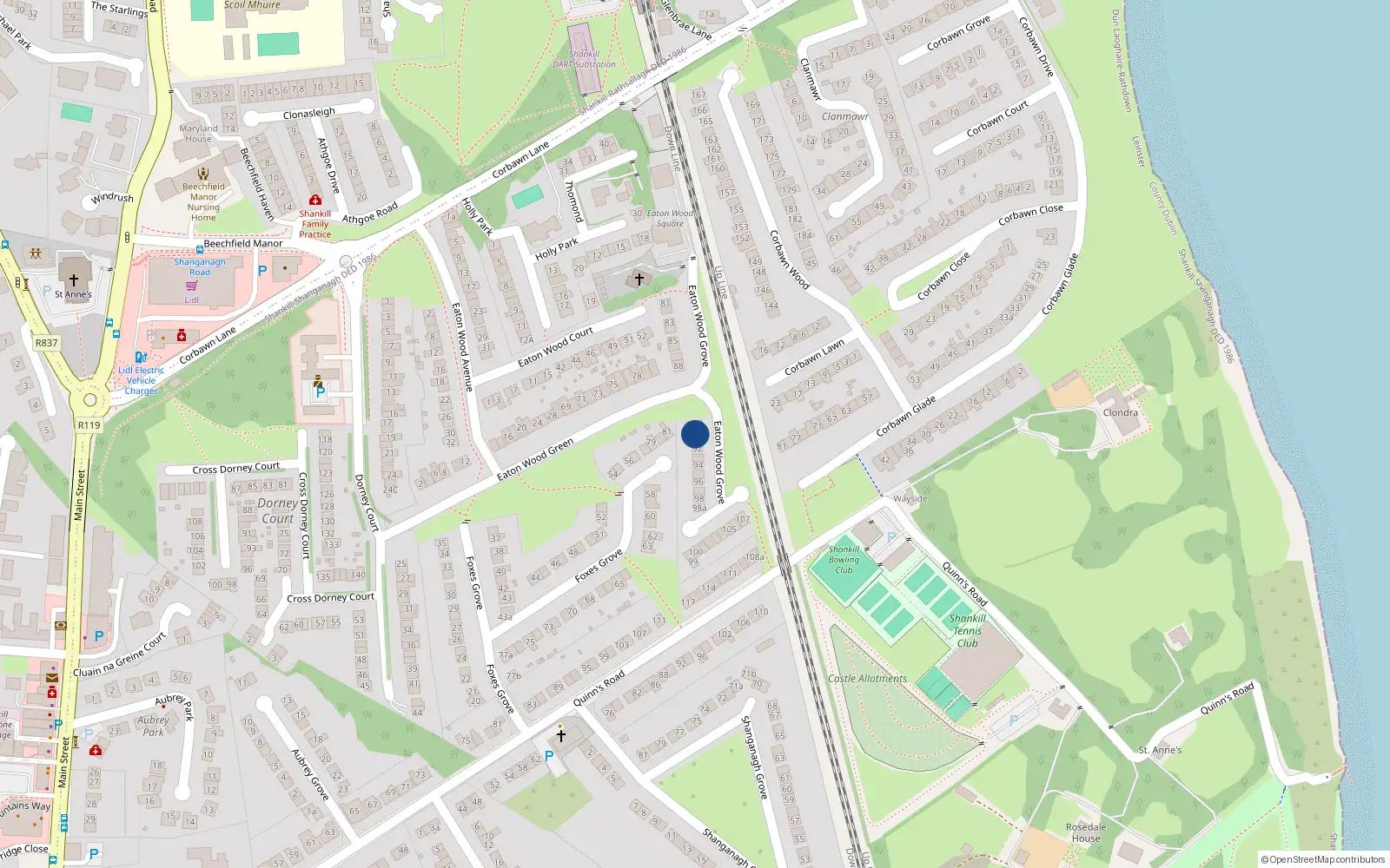 Overhead map showing the location of 90 Eaton Wood Grove, Shankill