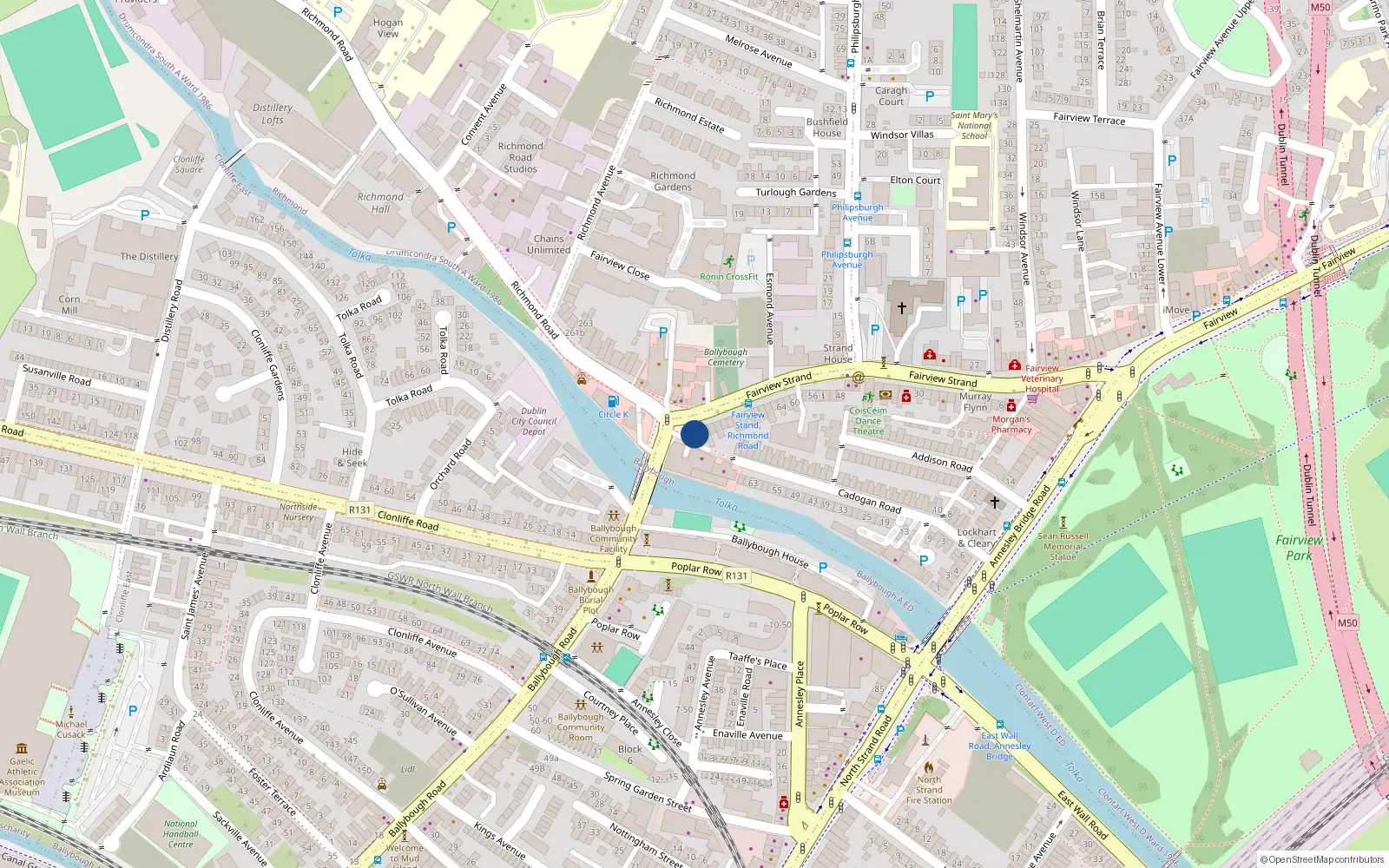 Overhead map showing the location of 90 Fairview Strand, Fairview, Dublin 3