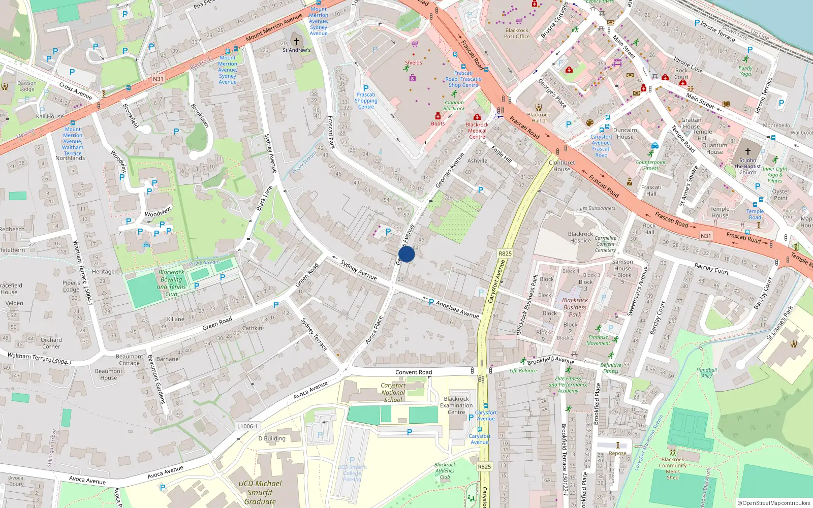 Overhead map showing the location of 90 George's Avenue, Blackrock