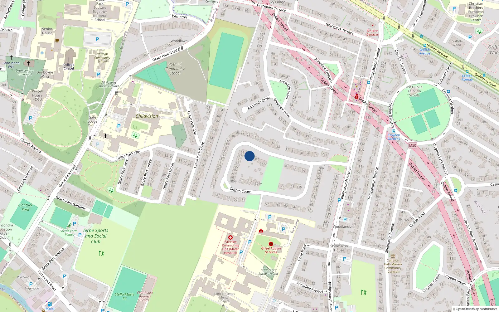 Overhead map showing the location of 90 Griffith Court, Dublin 3