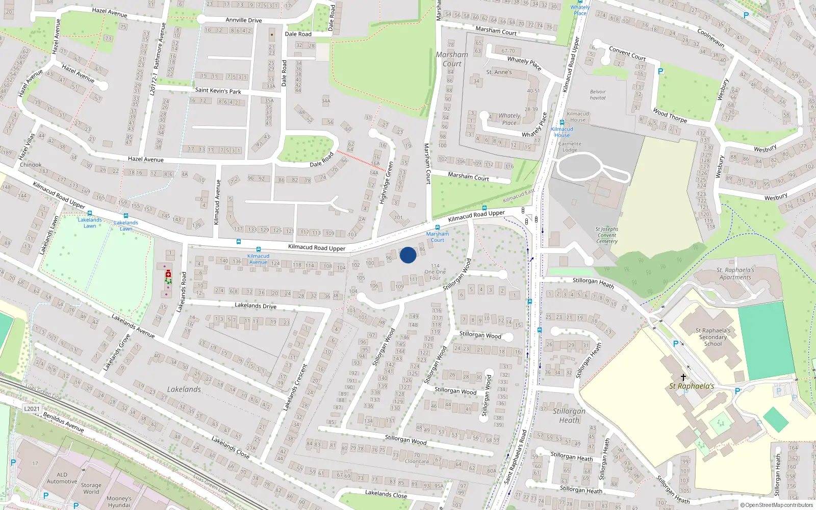 Overhead map showing the location of 90 Kilmacud Road Upper, Stillorgan, Dublin