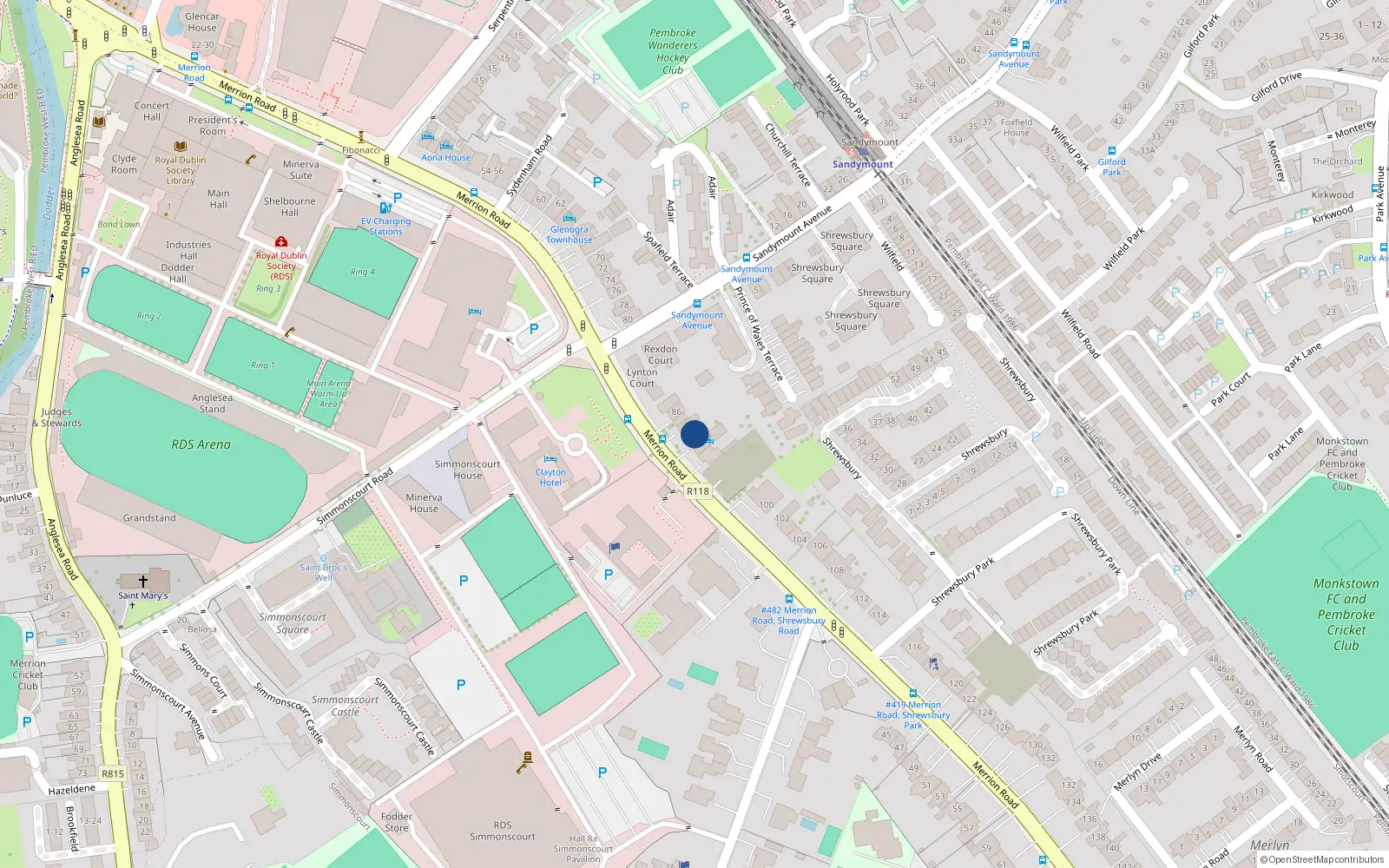 Overhead map showing the location of 90 Merrion Road, Ballsbridge