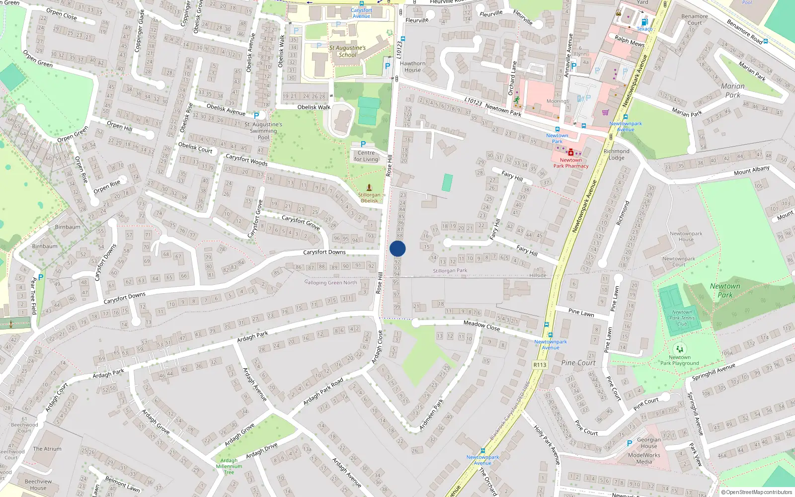 Overhead map showing the location of 90 Rosehill, Carysfort Avenue, Blackrock