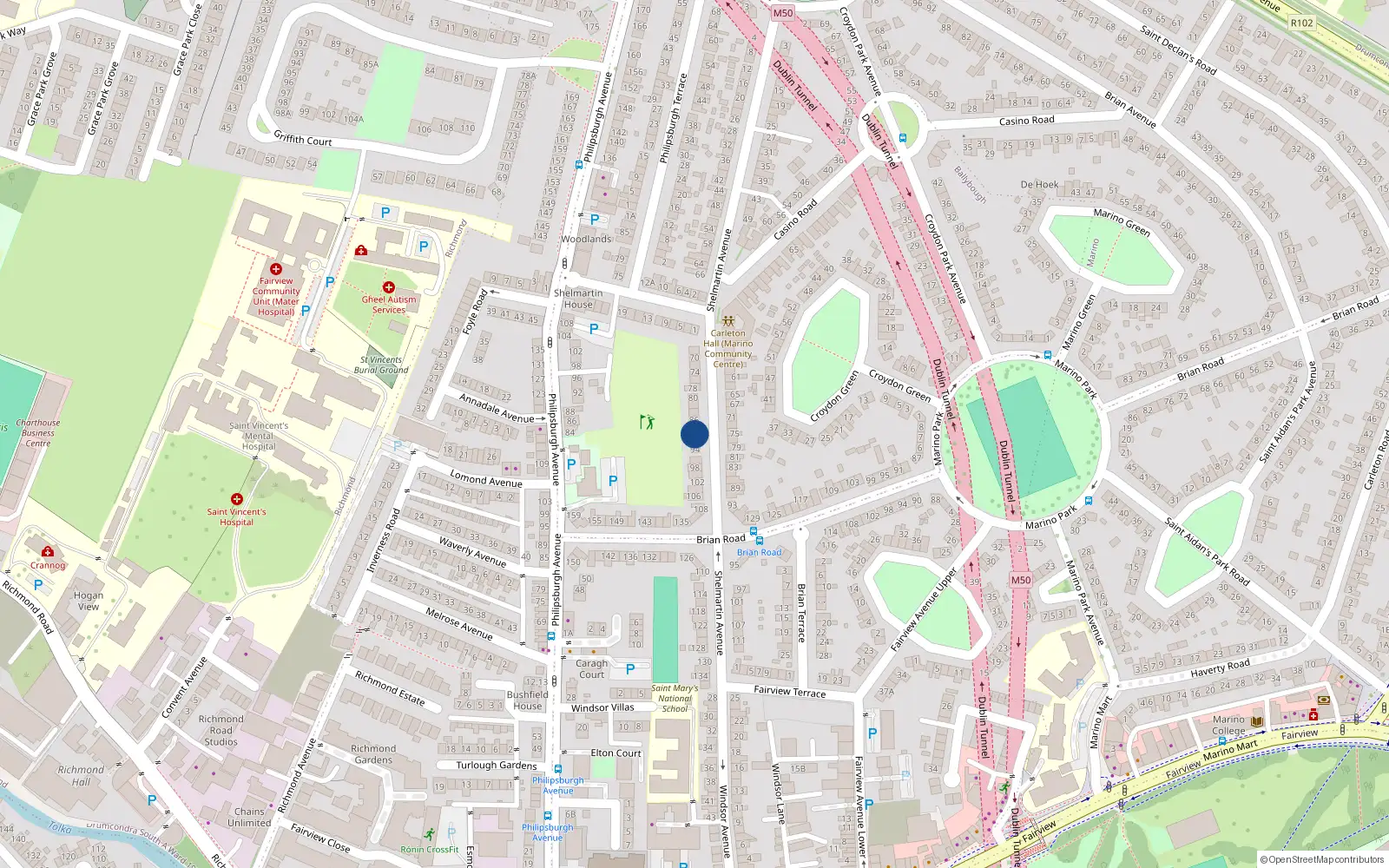 Overhead map showing the location of 90 Shelmartin Avenue, Dublin 3