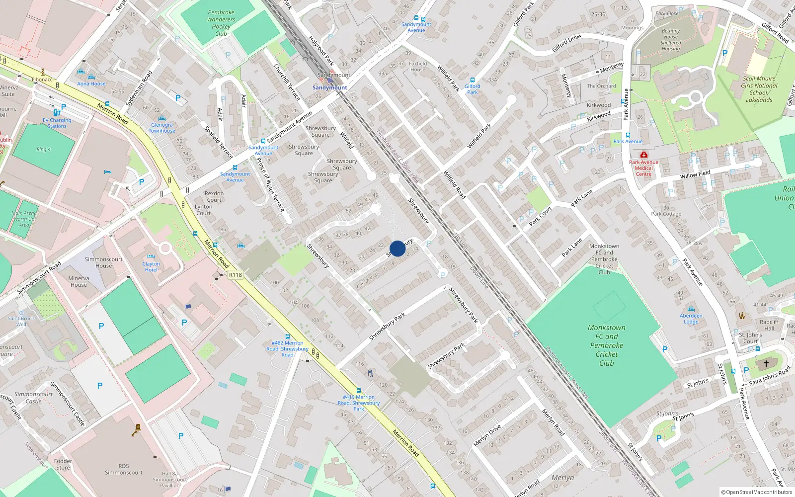 Overhead map showing the location of 90 Shrewsbury, Ballsbridge