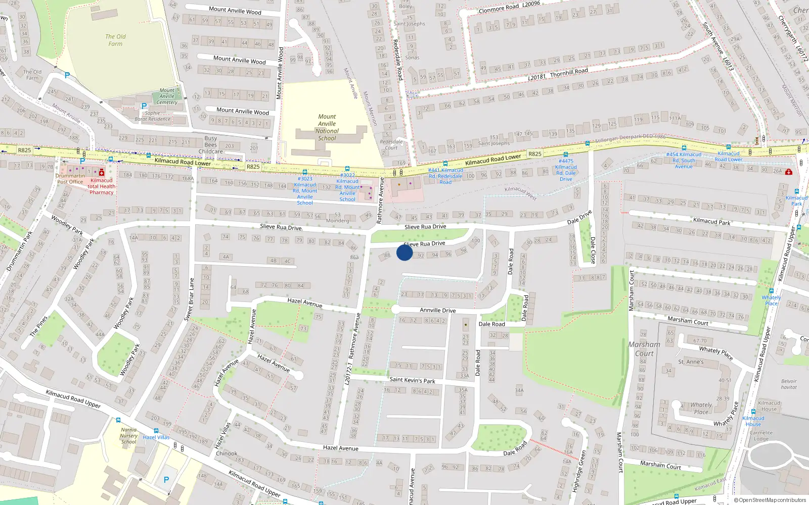 Overhead map showing the location of 90 Slieve Rua Drive, Blackrock