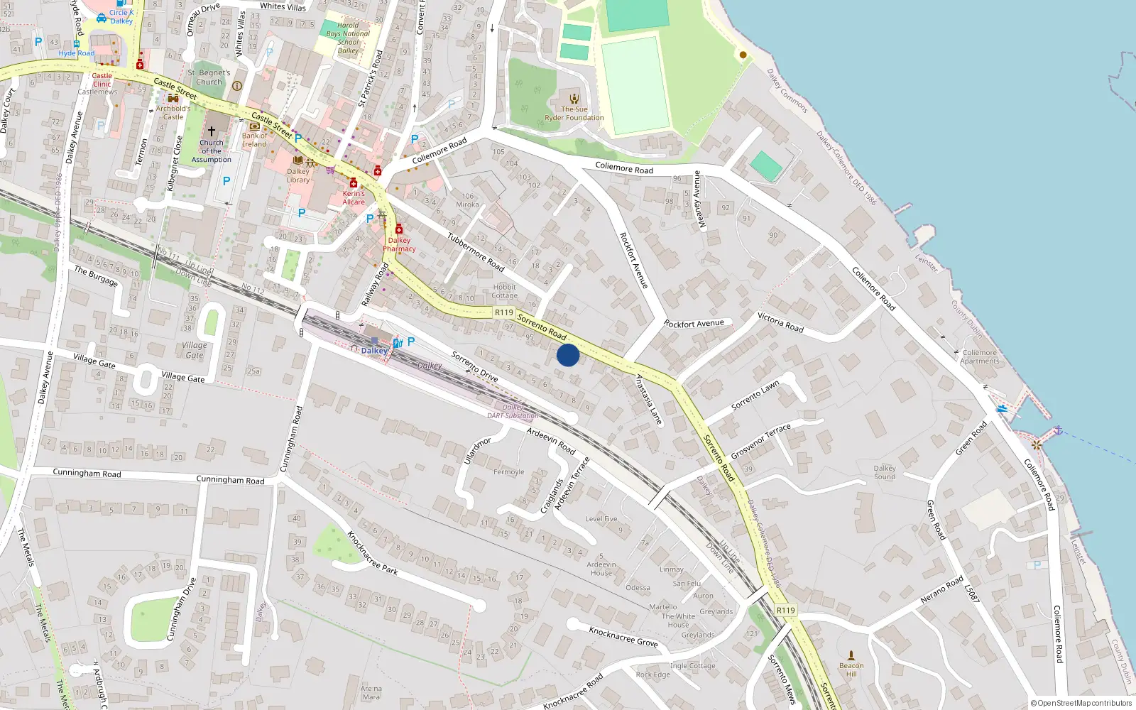 Overhead map showing the location of 90 Sorrento Road, Dalkey, Dublin