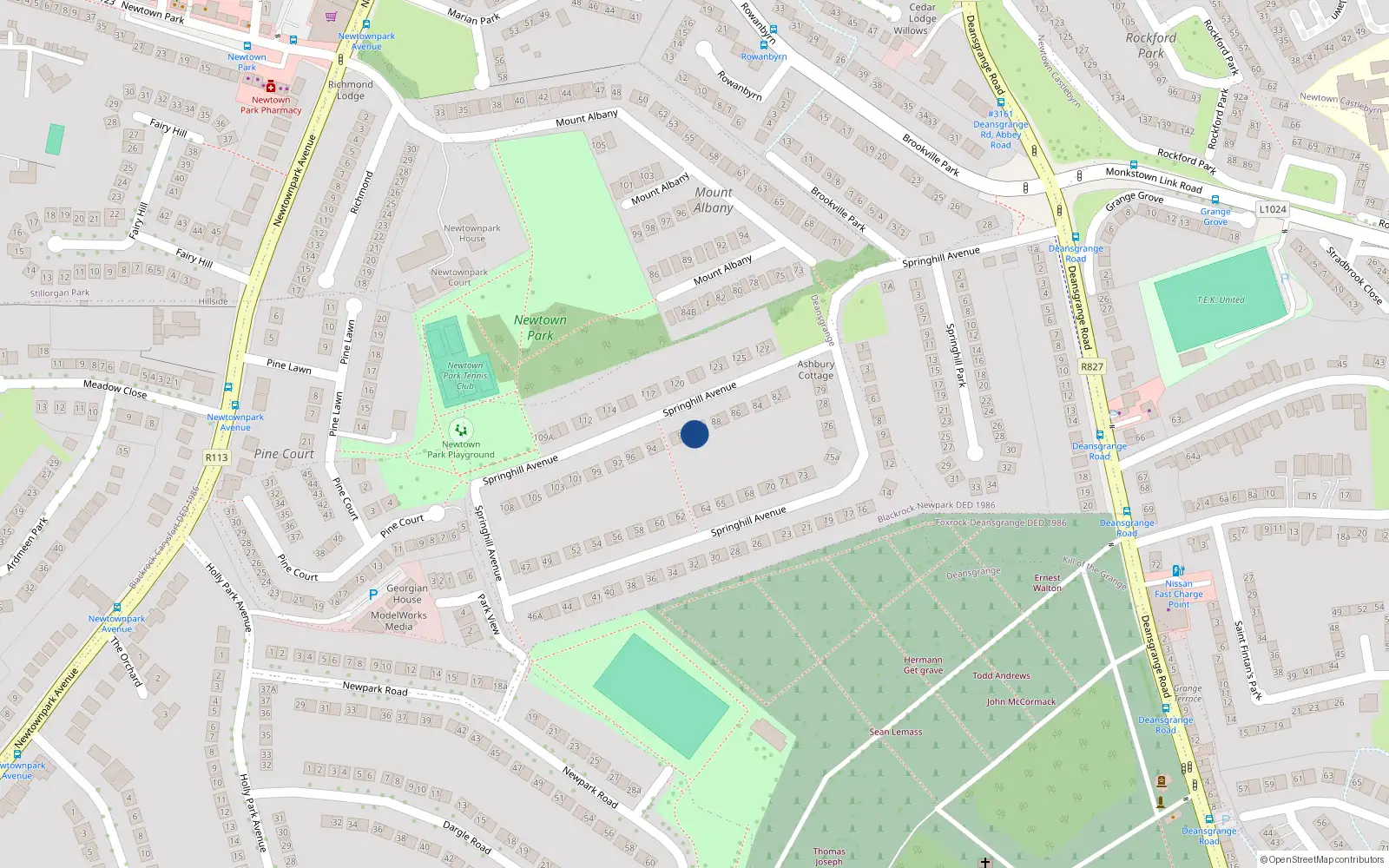 Overhead map showing the location of 90 Springhill Avenue, Blackrock