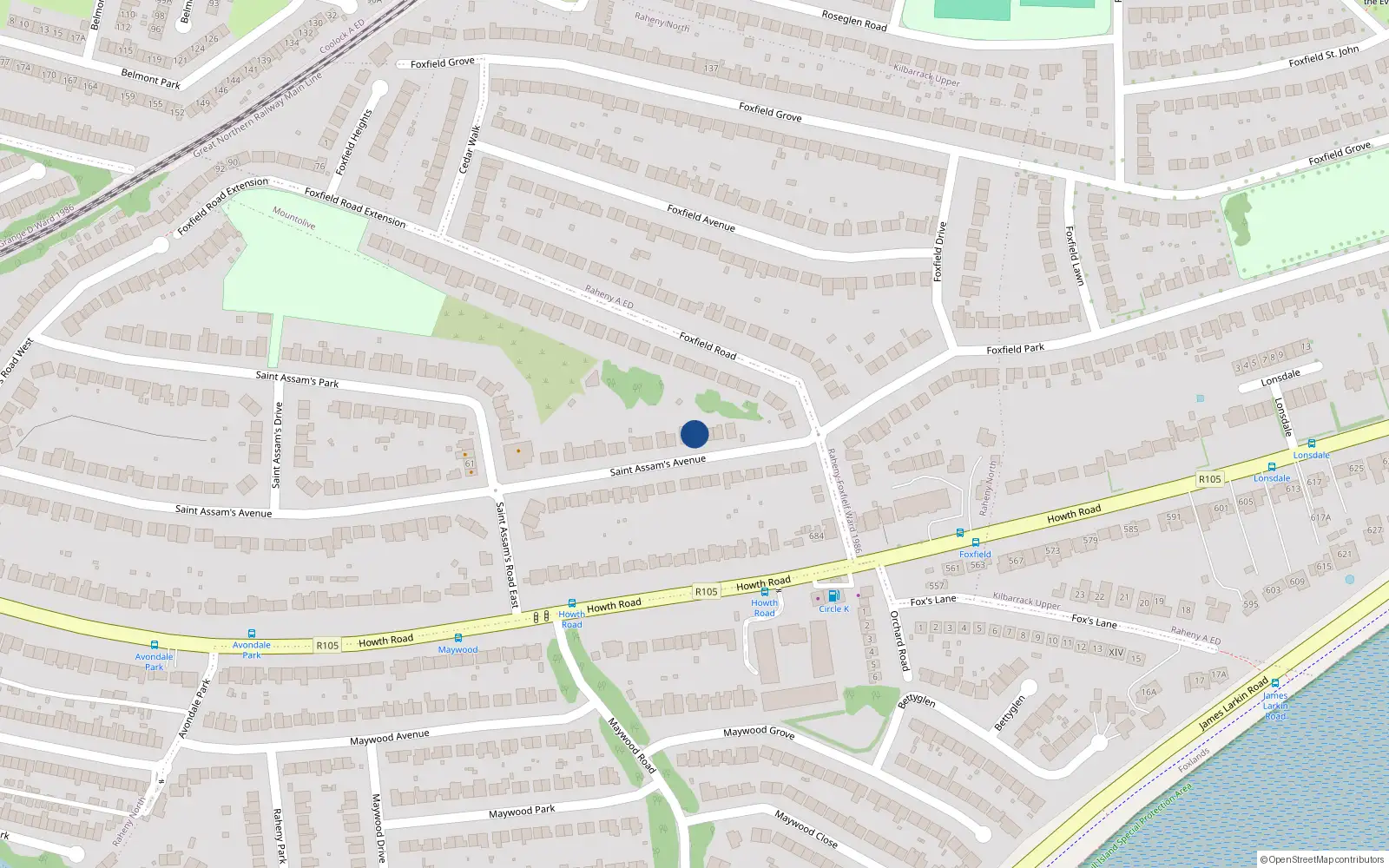 Overhead map showing the location of 90 St Assams Avenue, Raheny, Dublin 5