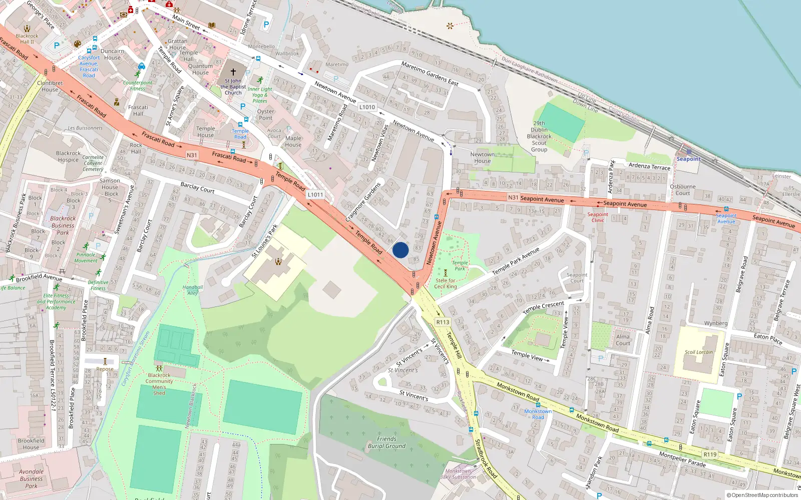 Overhead map showing the location of 90 Temple Road, Blackrock