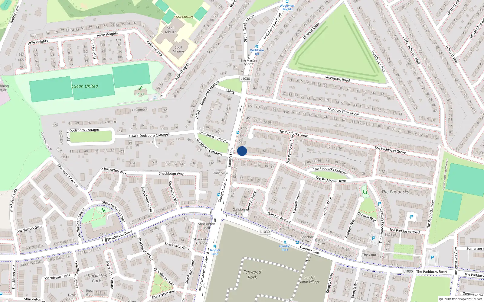 Overhead map showing the location of 90 The Paddocks Drive, Lucan