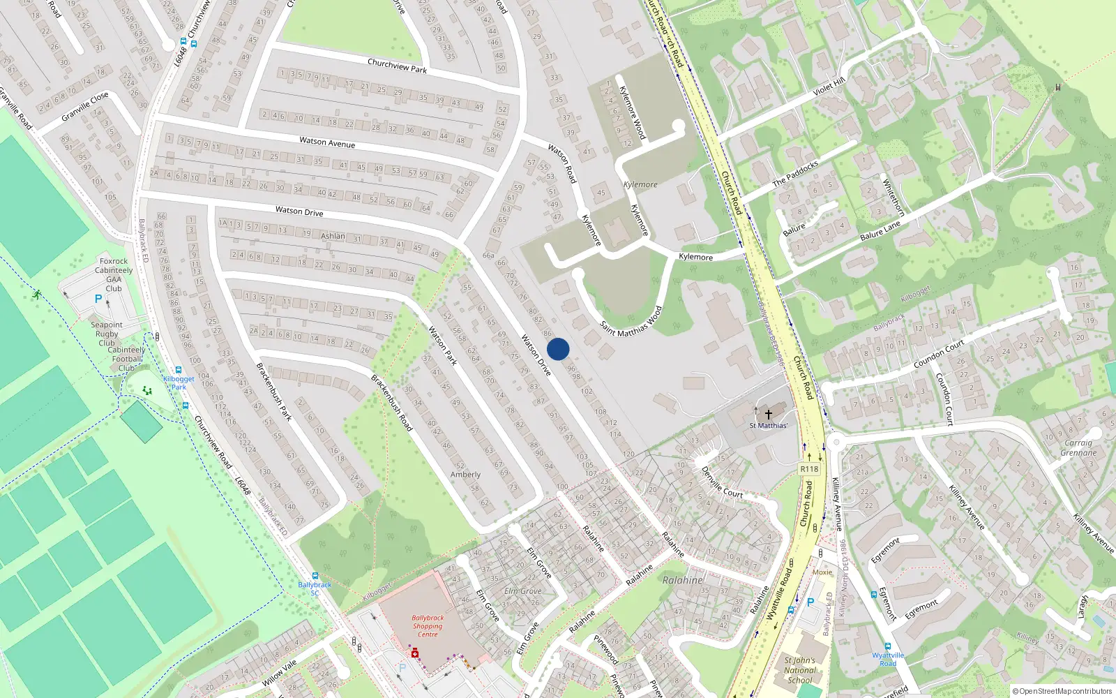 Overhead map showing the location of 90 Watson Drive, Killiney