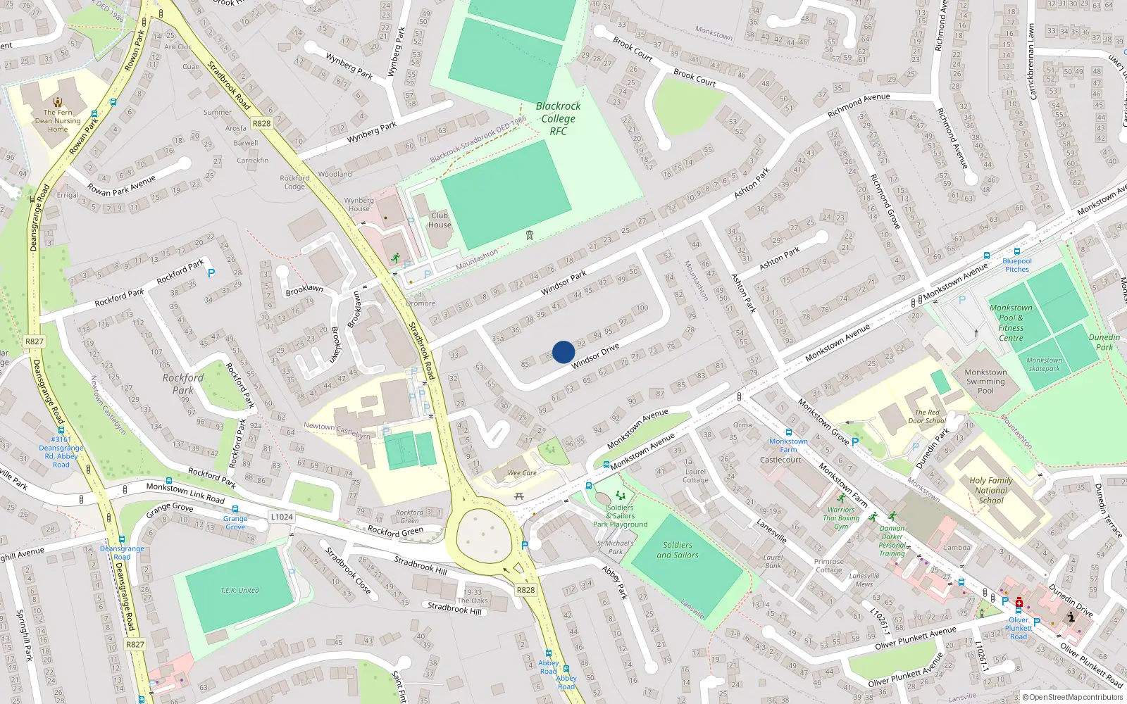 Overhead map showing the location of 90 Windsor Drive, Monkstown