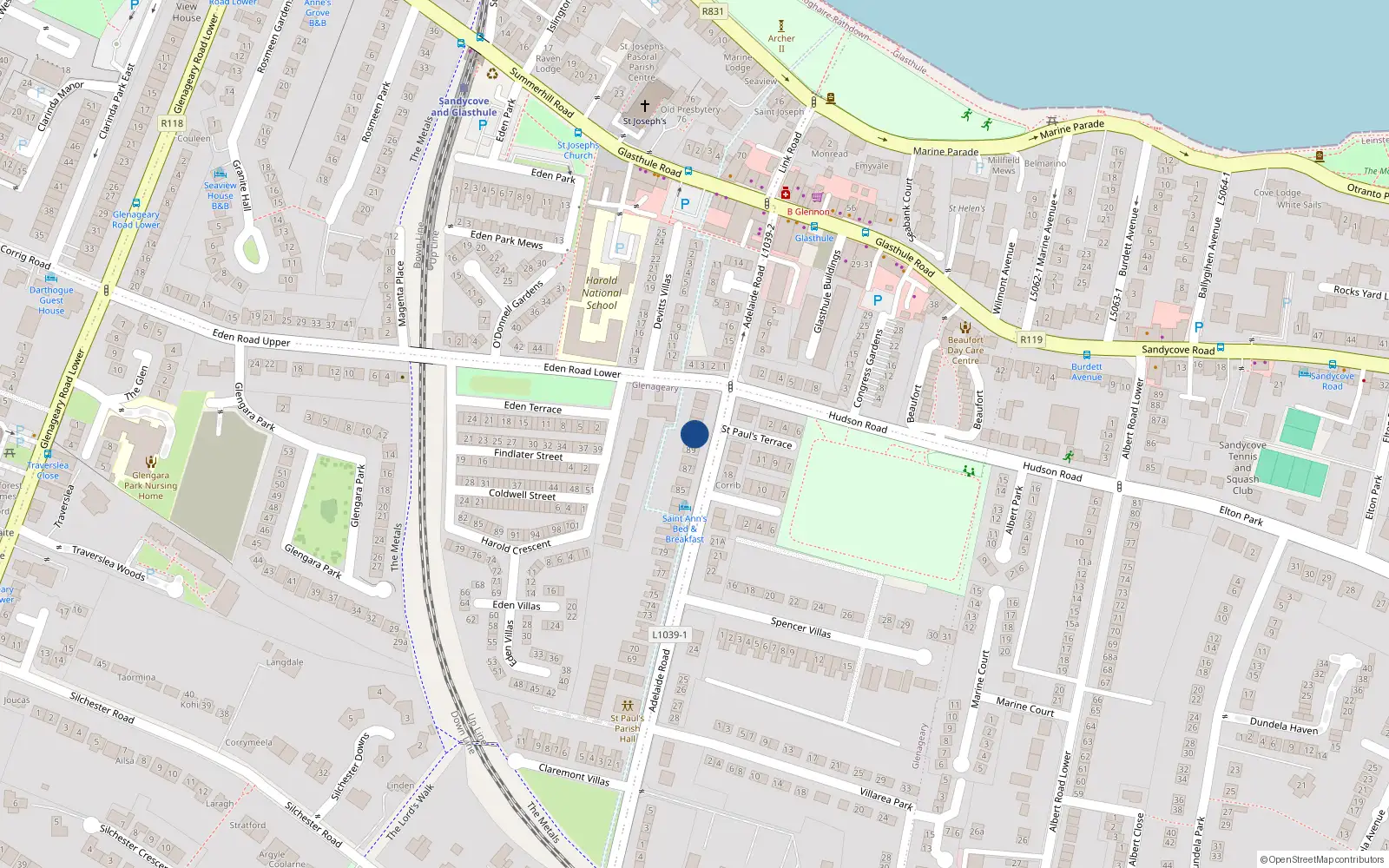Overhead map showing the location of 90A Adelaide Road, Glenageary, Dublin