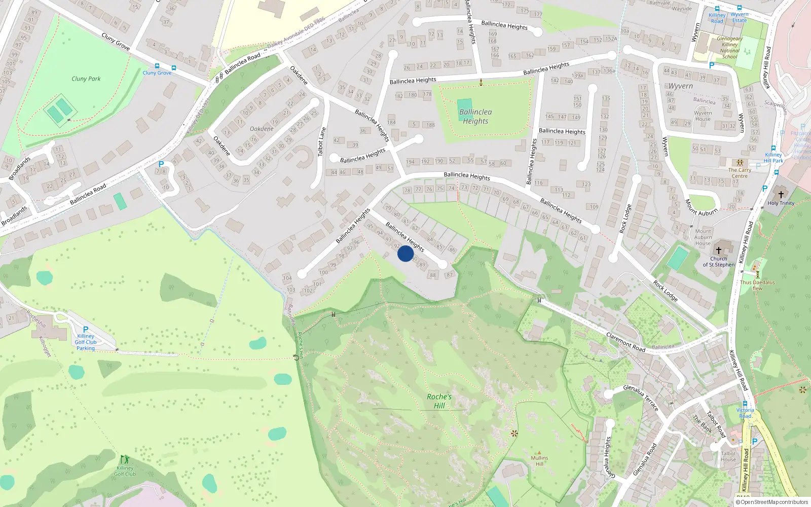Overhead map showing the location of 91 Ballinclea Heights, Killiney, Dublin