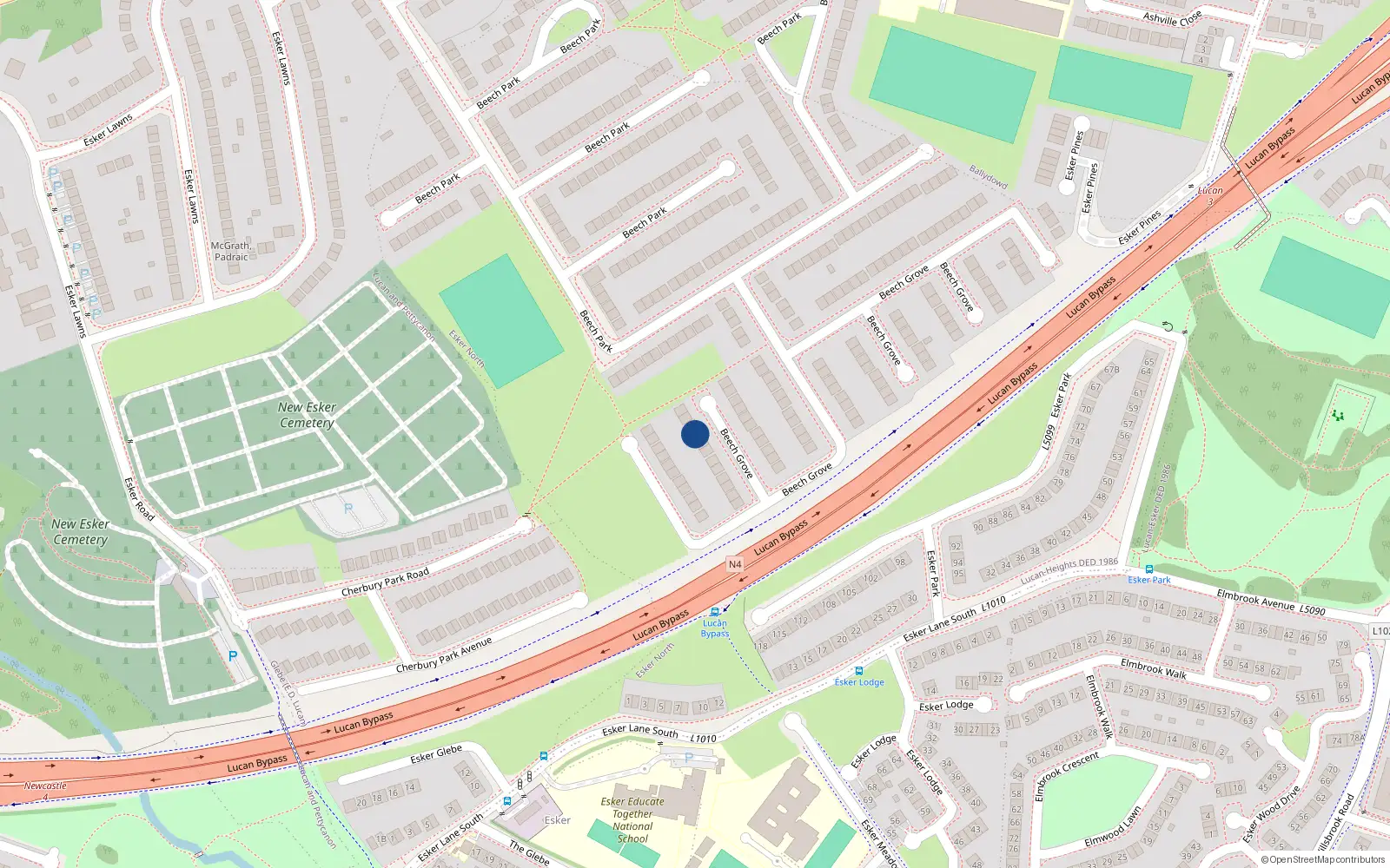 Overhead map showing the location of 91 Beech Grove, Lucan, Dublin
