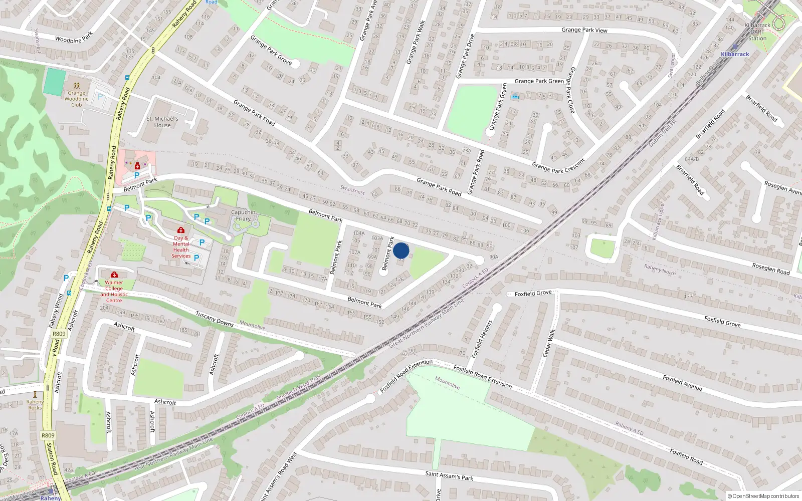 Overhead map showing the location of 91 Belmont Park, Raheny, Dublin 5