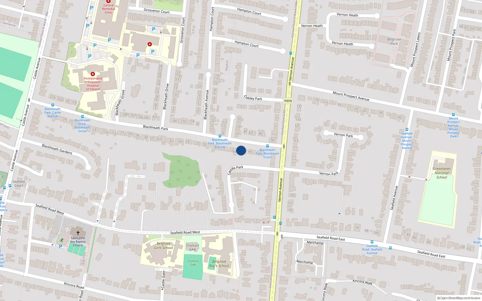 Overhead map showing the location of 91 Blackheath Park, Clontarf, Dublin 3